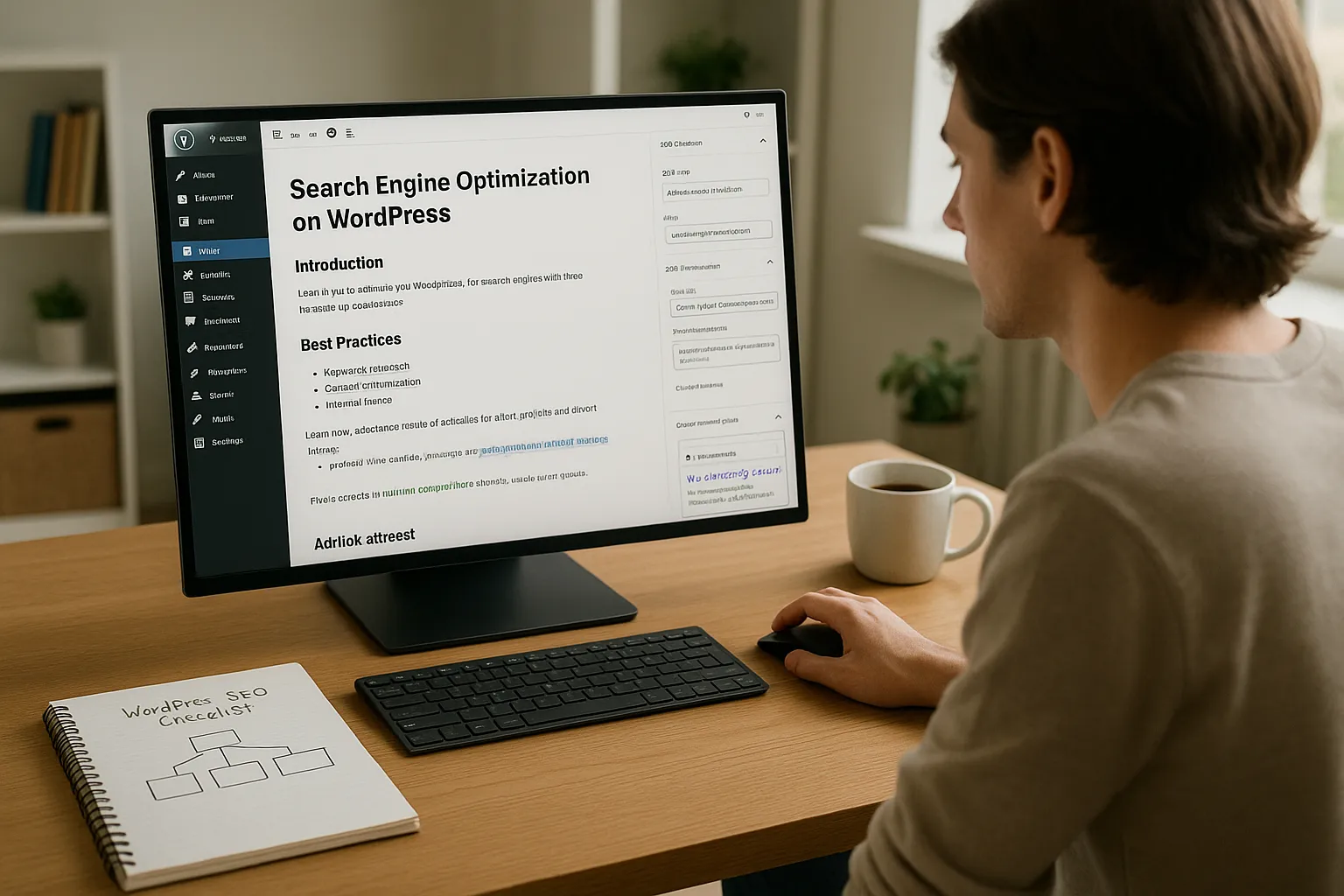 Marketer editing WordPress post with SEO plugin, headings, and internal links visible.