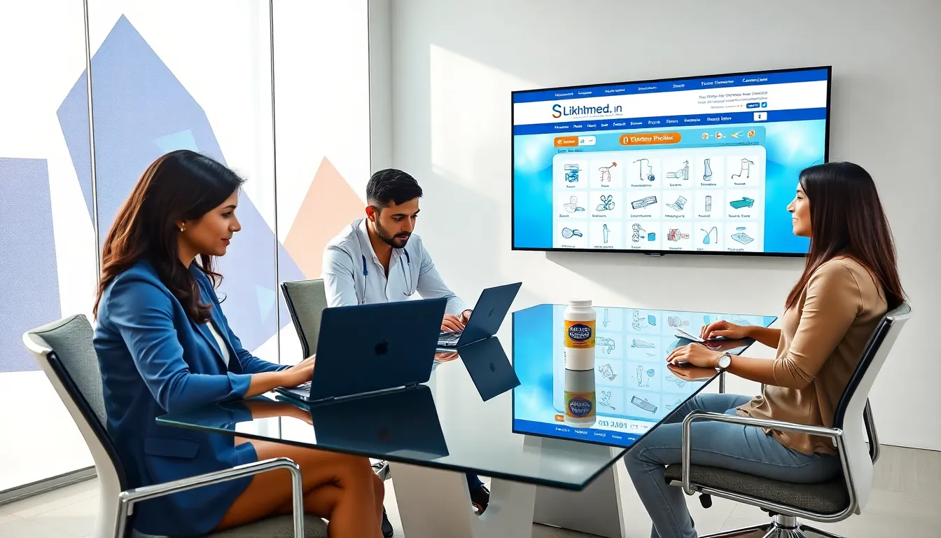 professionals collaborating in a modern office focused on healthcare products.