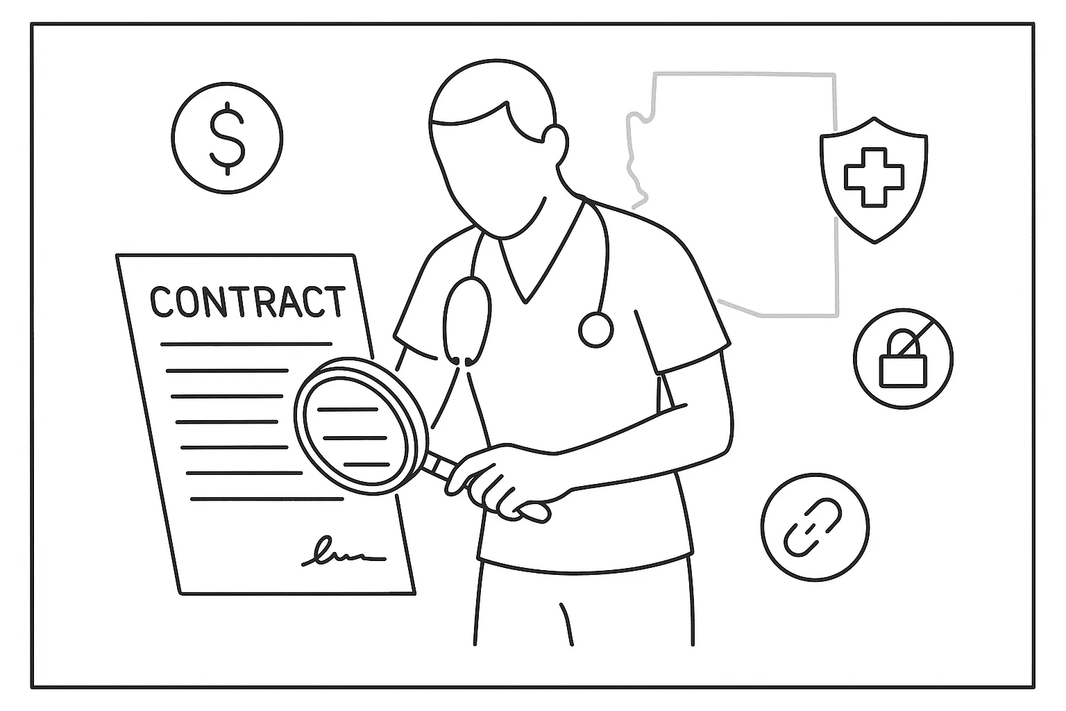 Nurse practitioner examining a contract with magnifying glass and legal icons of Arizona Nurse Practitioner Contract Review.