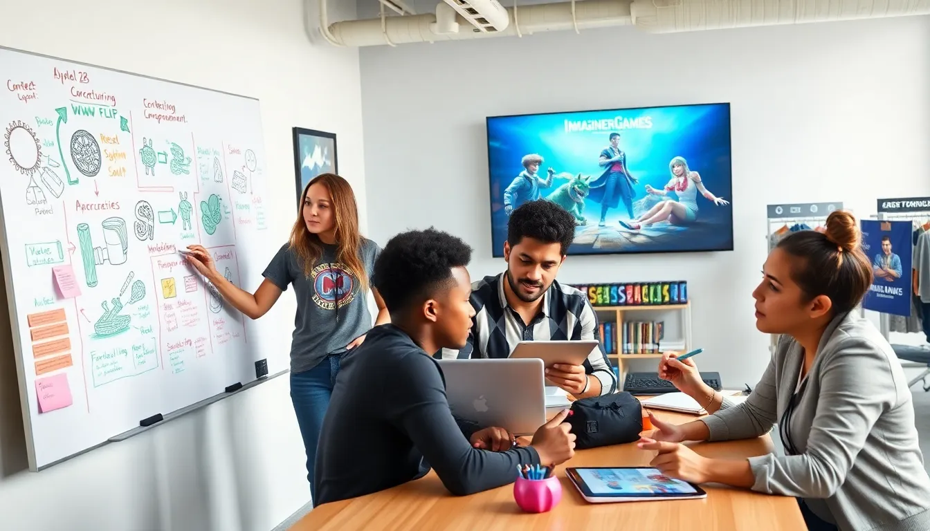 A diverse creative team collaborating on game design concepts in an office.