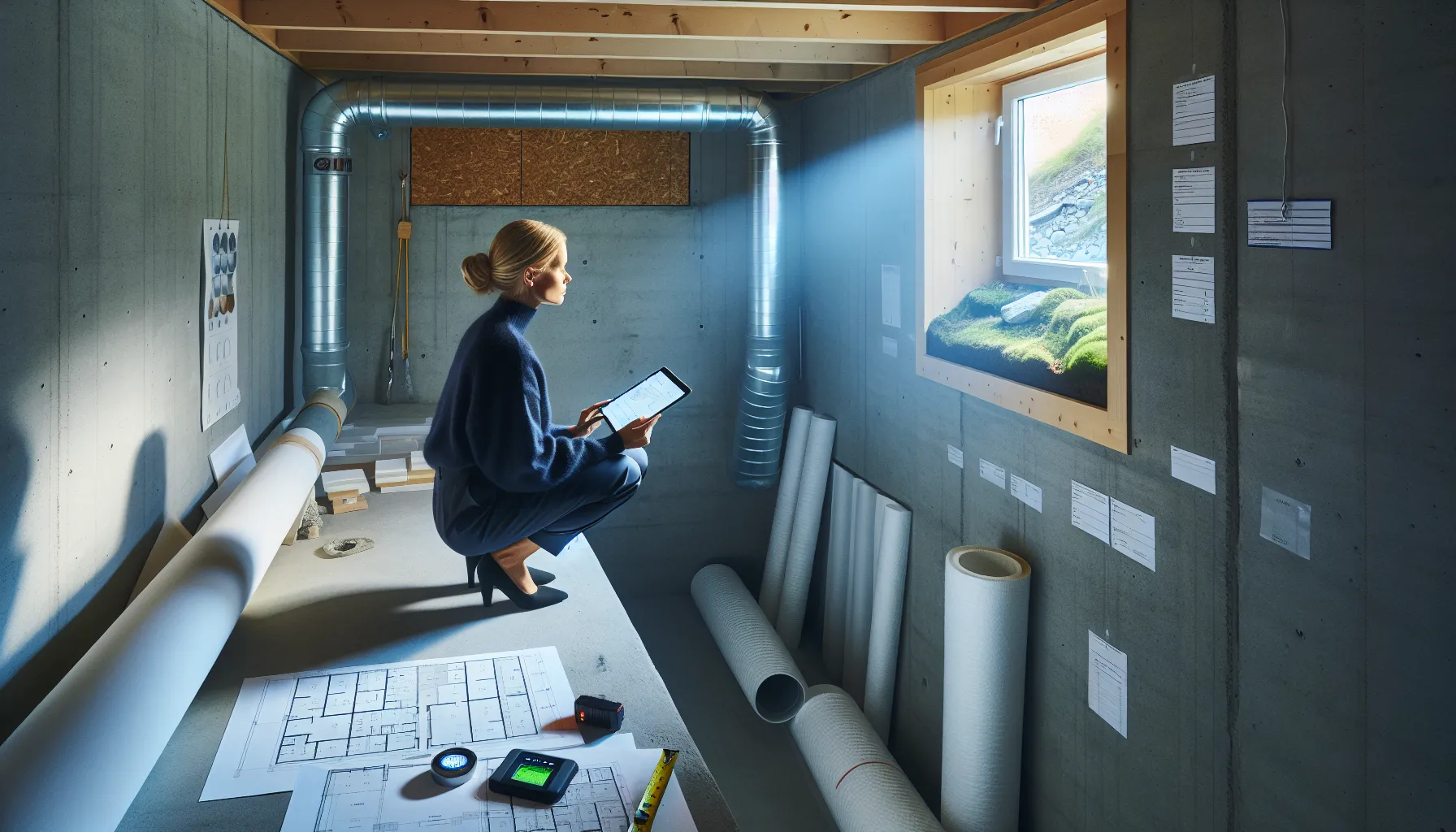 Homeowner reviews plans by egress window and light well in norwegian basement.