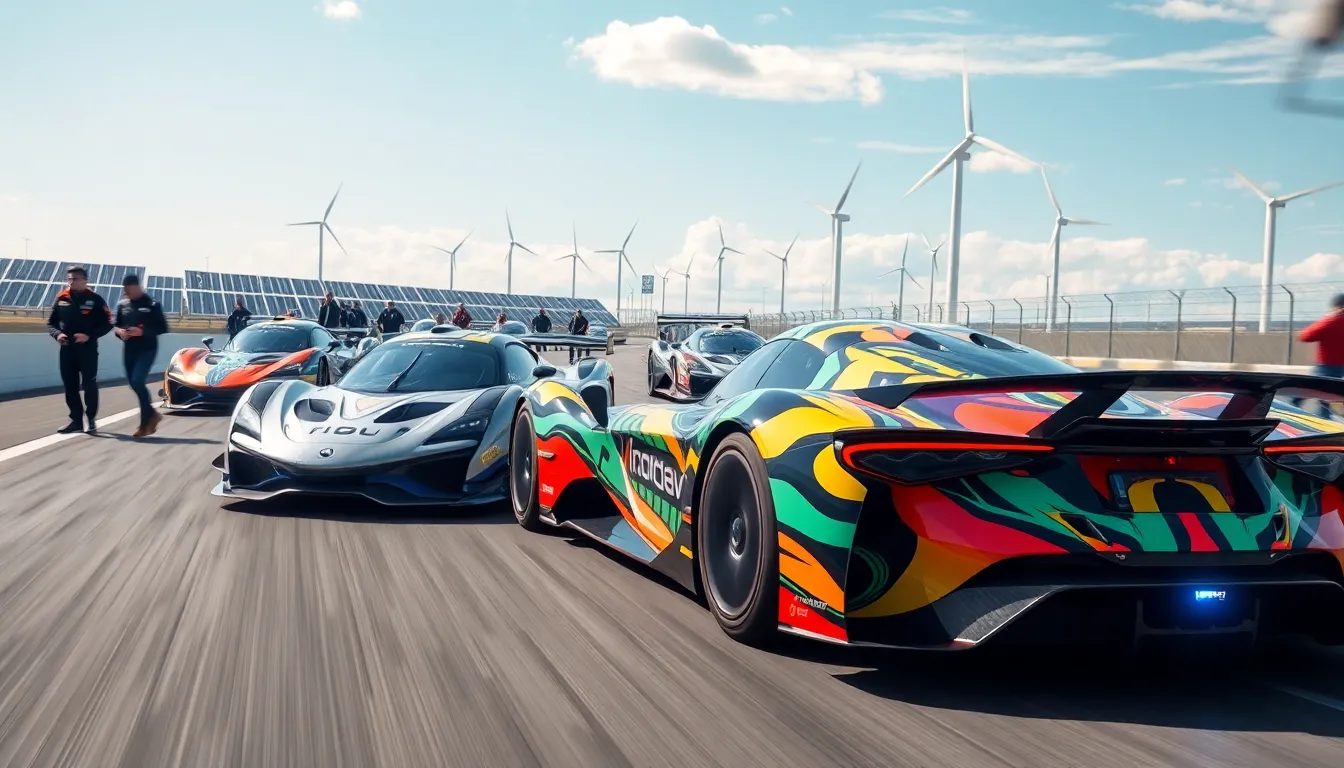 electric race cars emphasizing sustainability on a futuristic track.