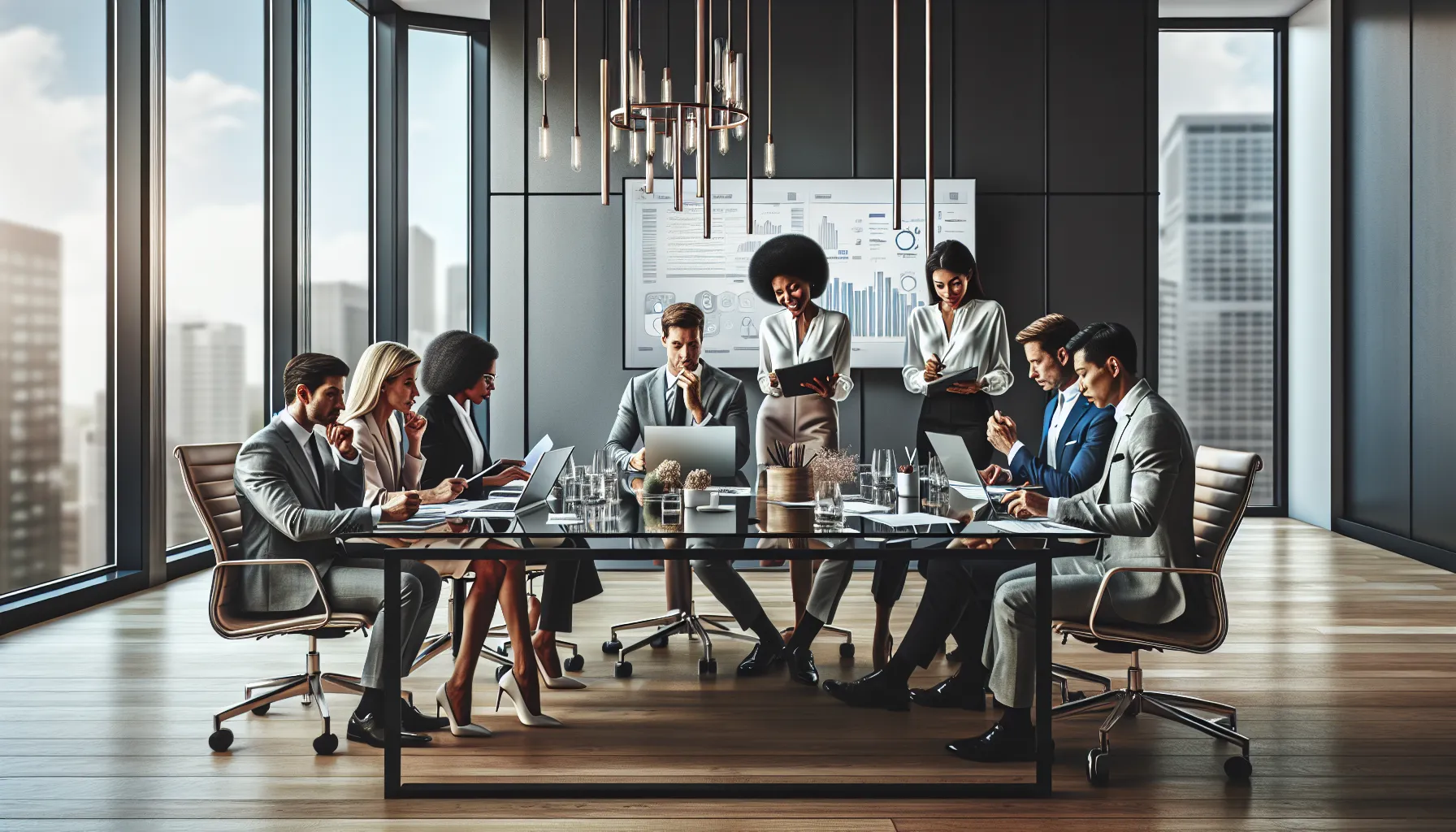 diverse team collaborating over blog ideas in a modern office.
