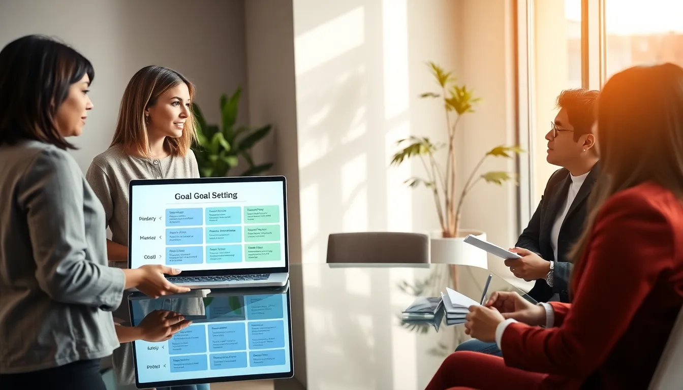 diverse professionals discussing goal setting in a modern office.