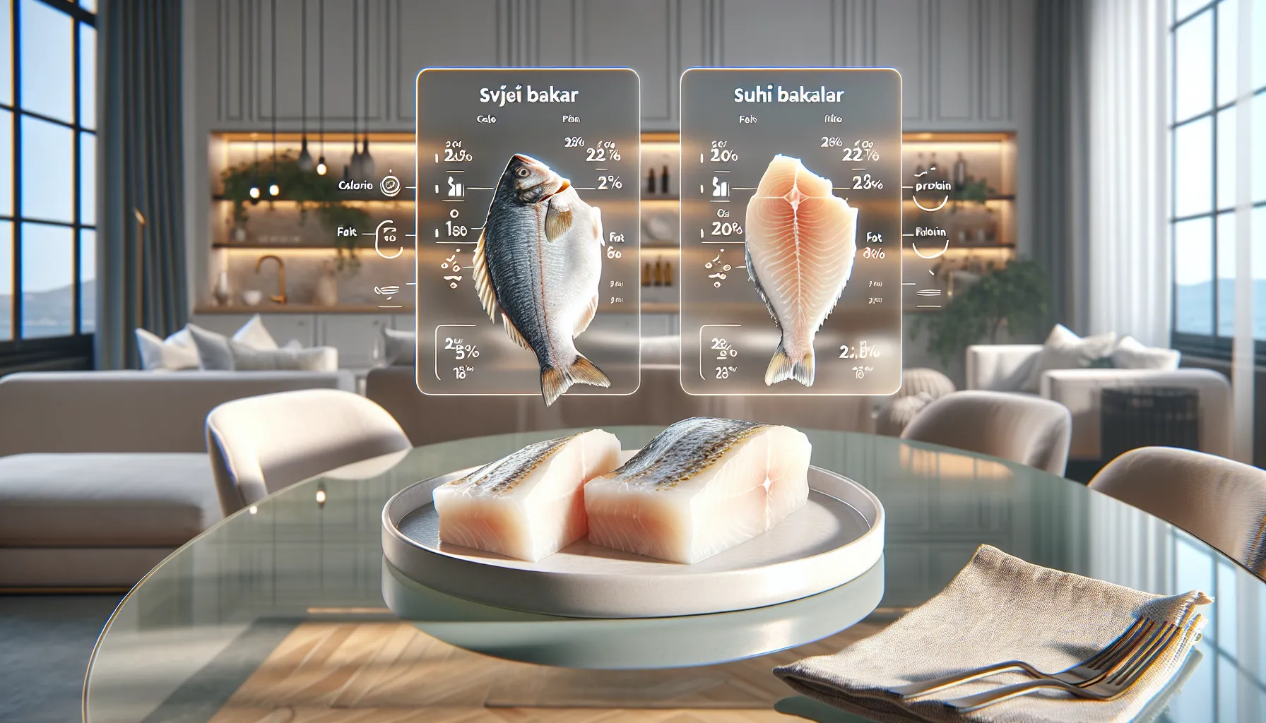 Fresh and dried cod fillets with nutrition highlights on a modern kitchen table.