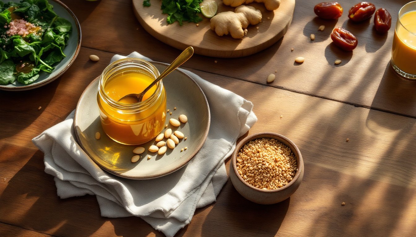 Ayurvedic foods like sesame seeds, ghee, ginger, and greens on a wooden table.