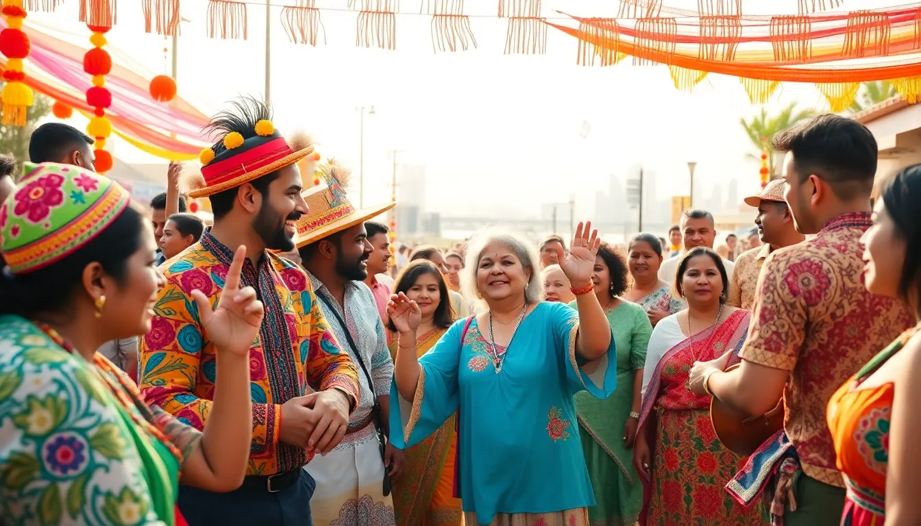 diverse group celebrating at a vibrant cultural festival in an outdoor setting.