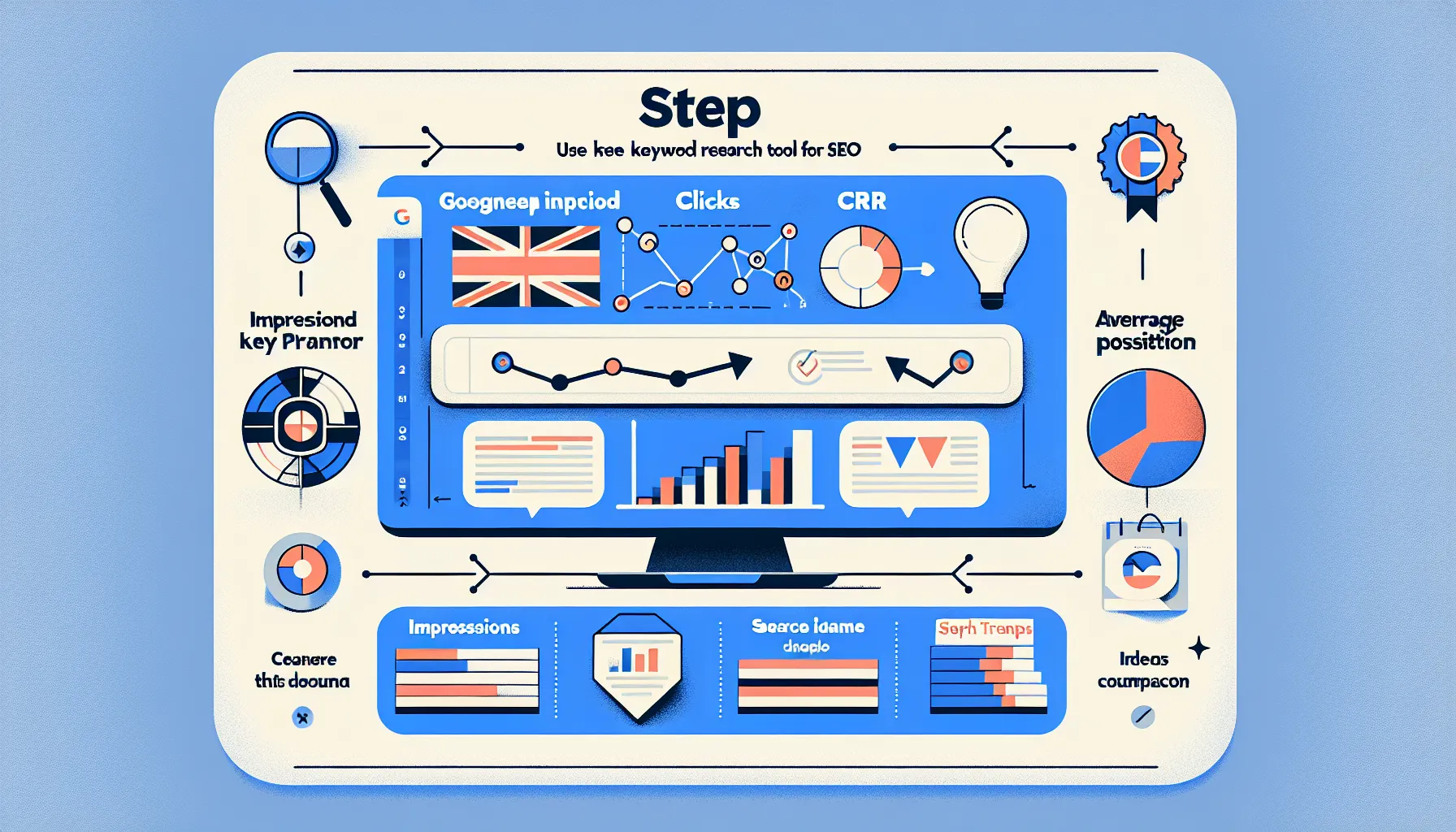 Three-step UK-themed infographic of free Google tools for SEO research.