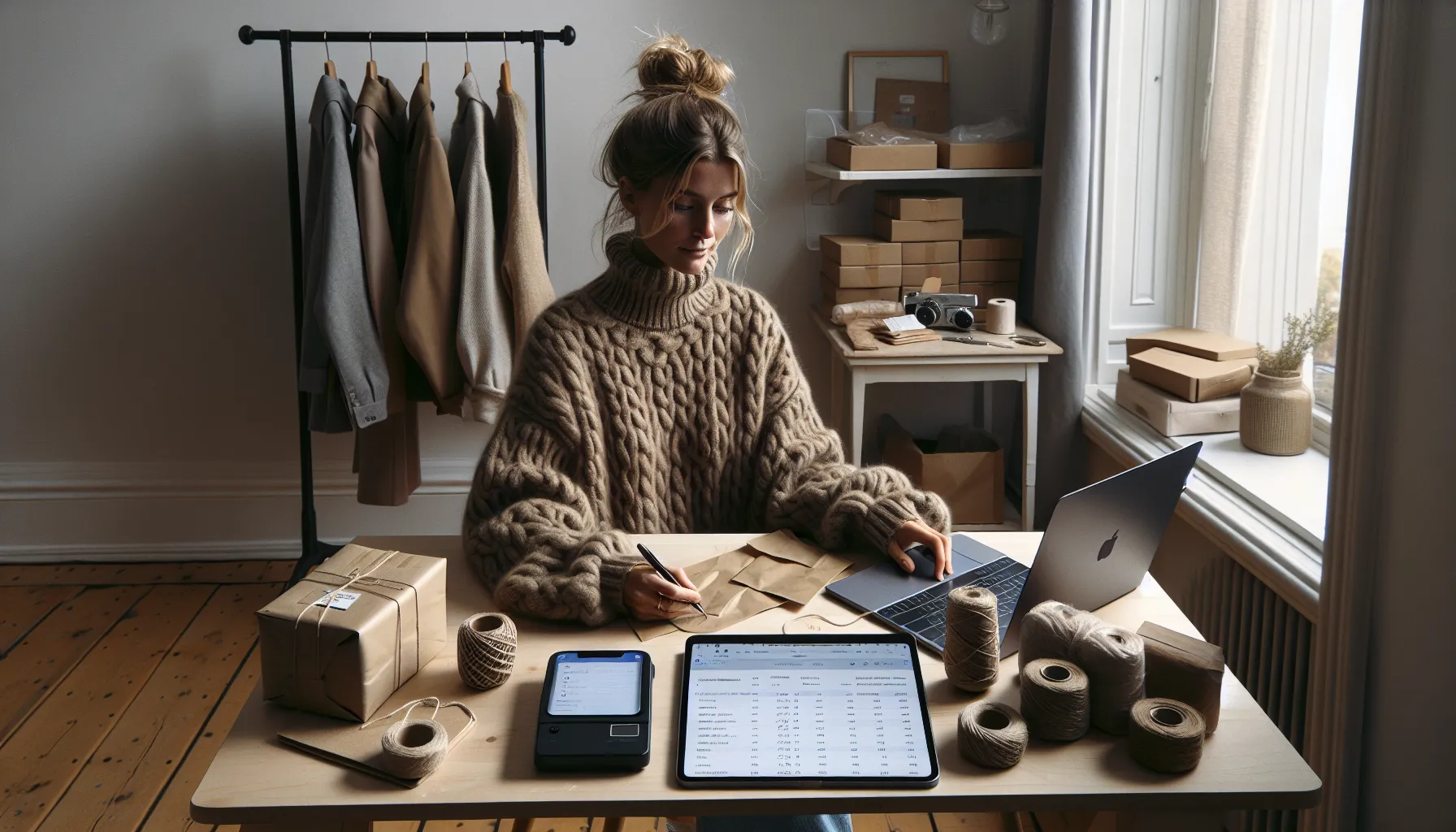 Norwegian seller pricing a vintage denim jacket using spreadsheet and phone.