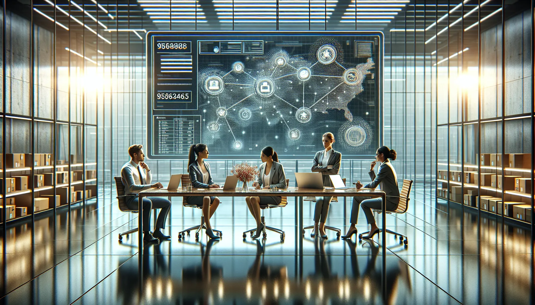 diverse team in a logistics control center discussing package tracking data.