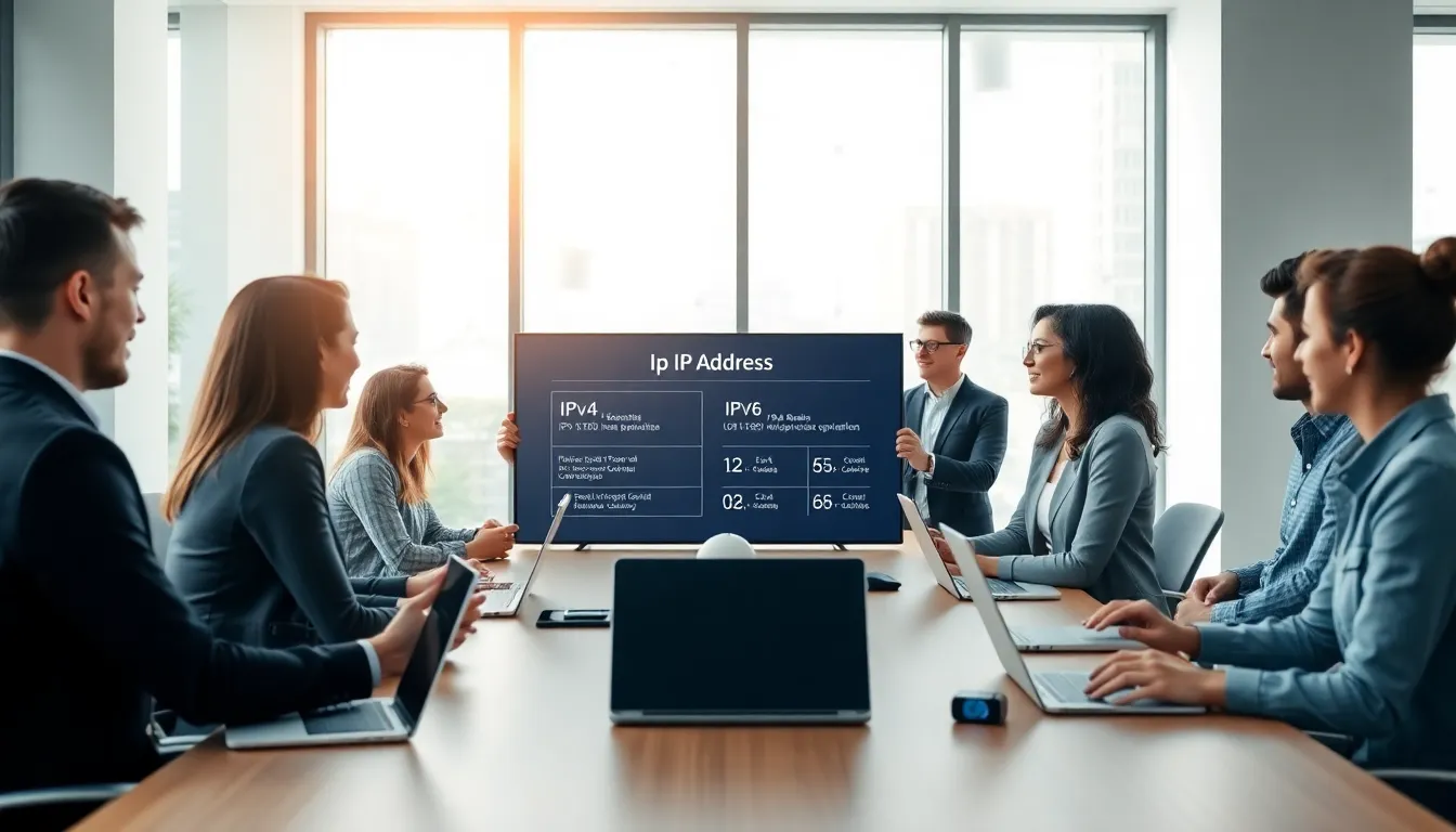 professionals discussing IP addresses in a modern office