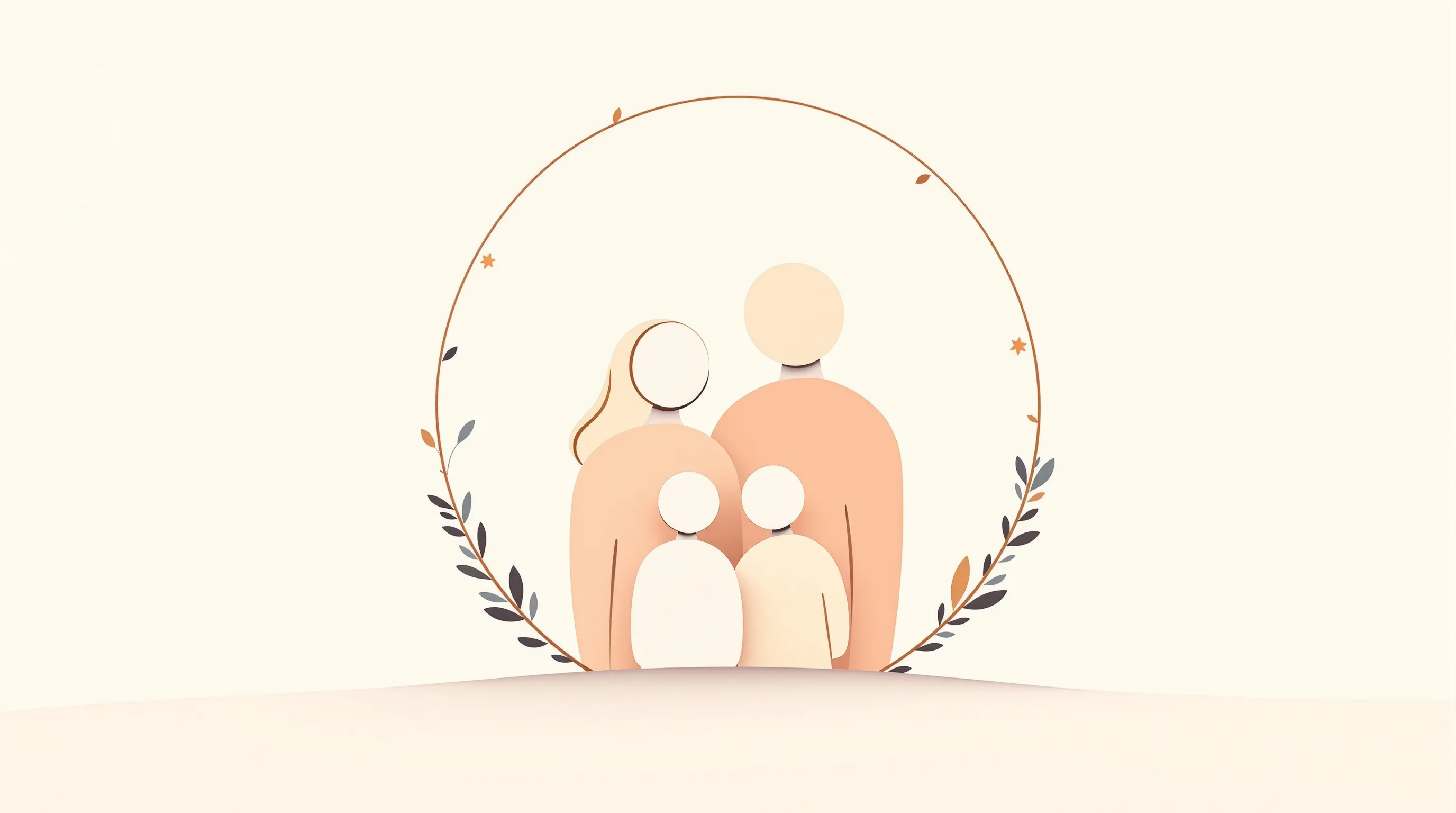 Abstract family silhouettes united in a circular embrace with soft neutral tones.