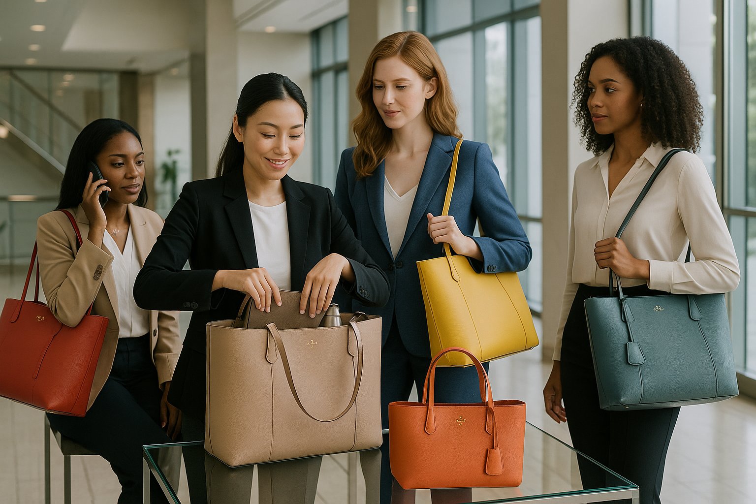 Professional women with colorful tote bags in a modern office lobby.