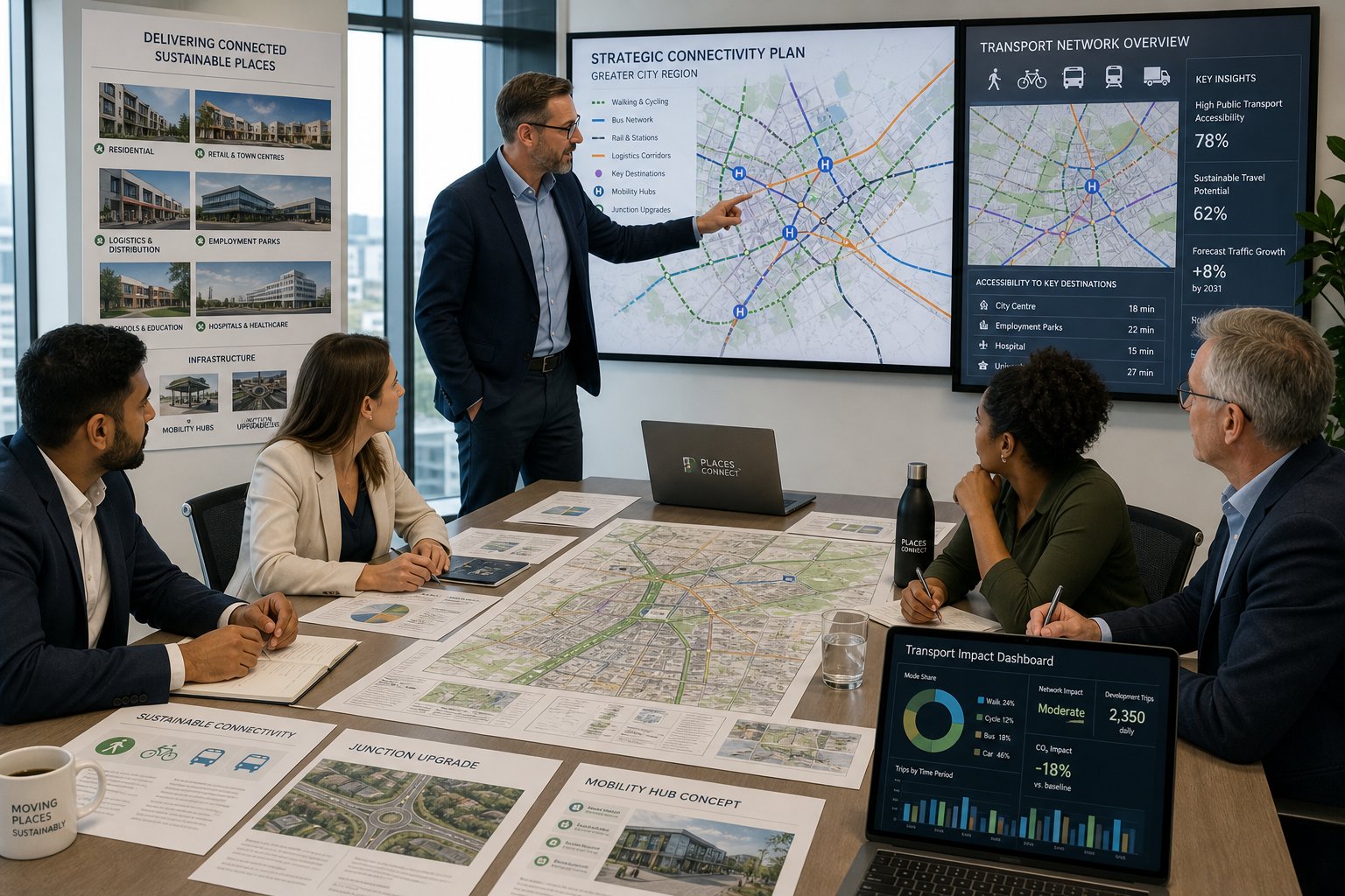 Transport consultants reviewing development and transport plans in a modern UK office.