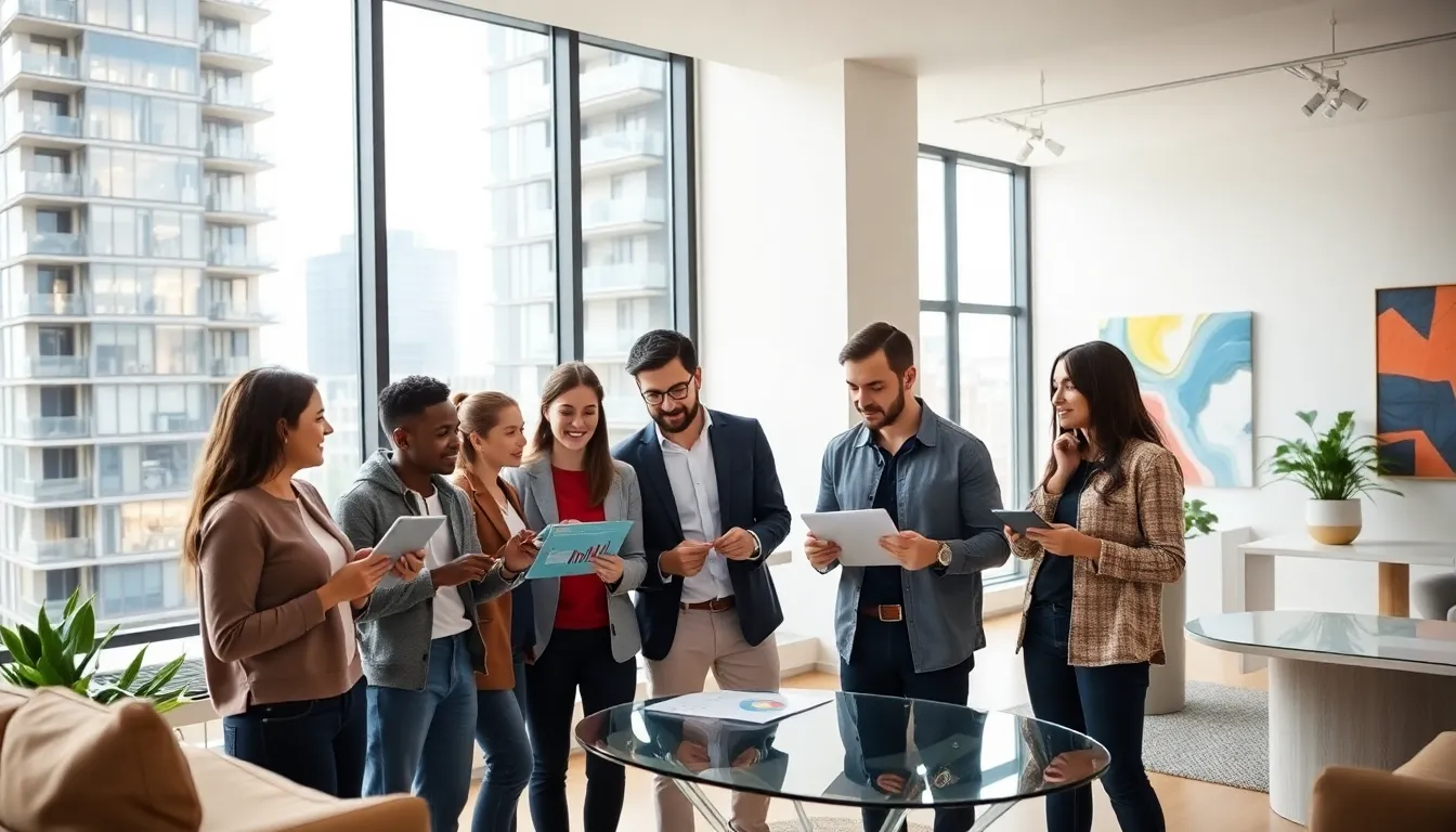 diverse group discussing condo market in a modern office.
