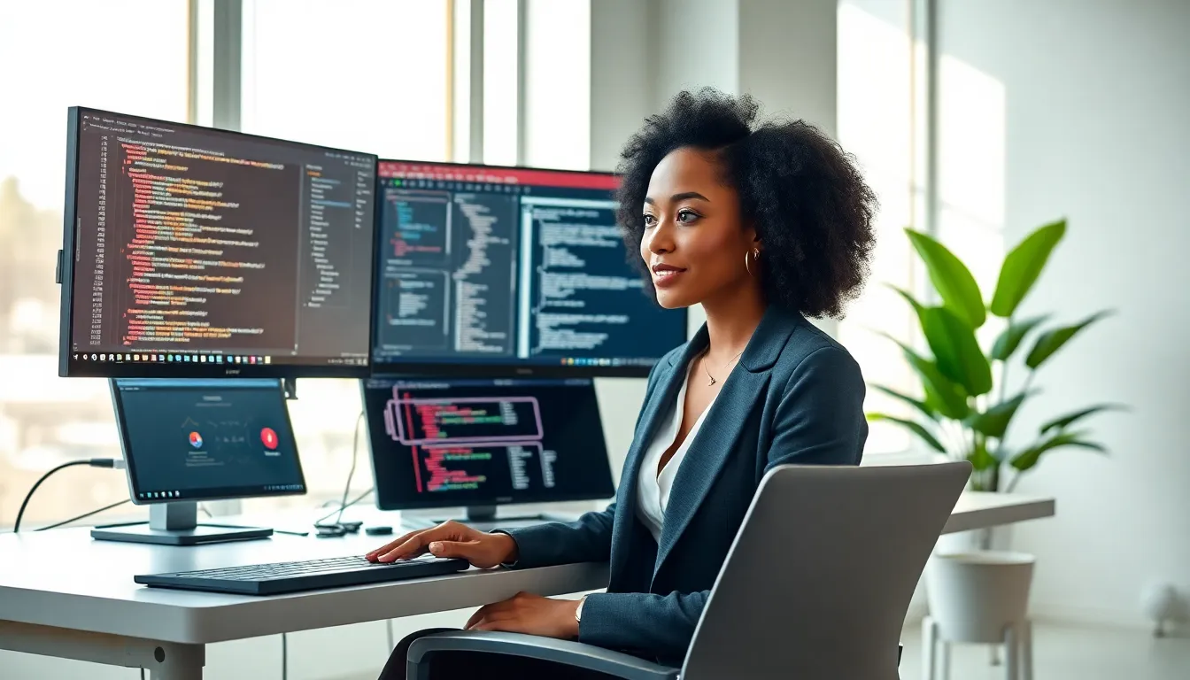 programmer working on Java code in a modern office.