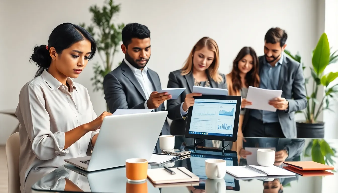 diverse professionals working on social media cover letters in a modern office.