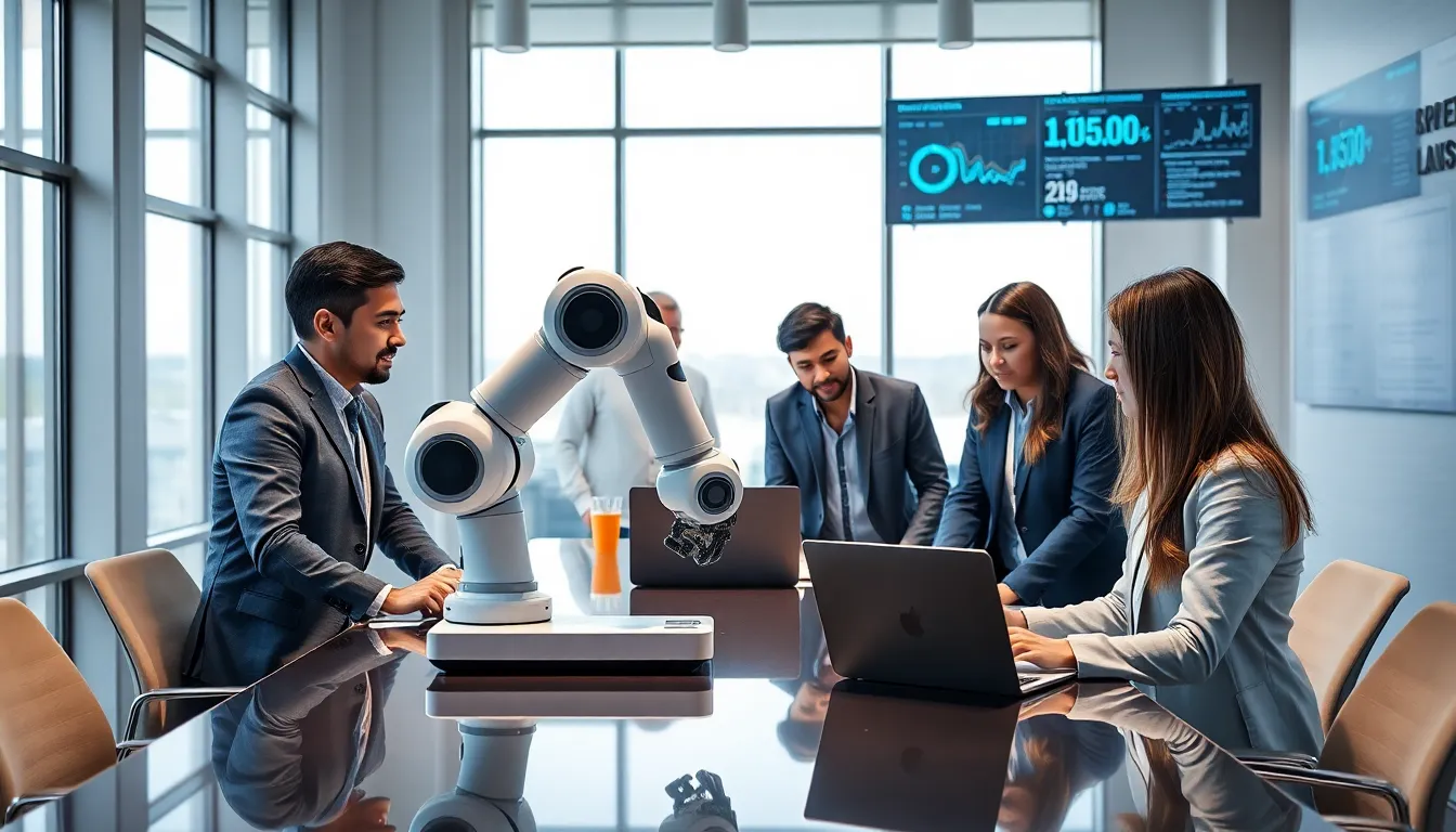 diverse team collaborating with robotic technology in a modern office.