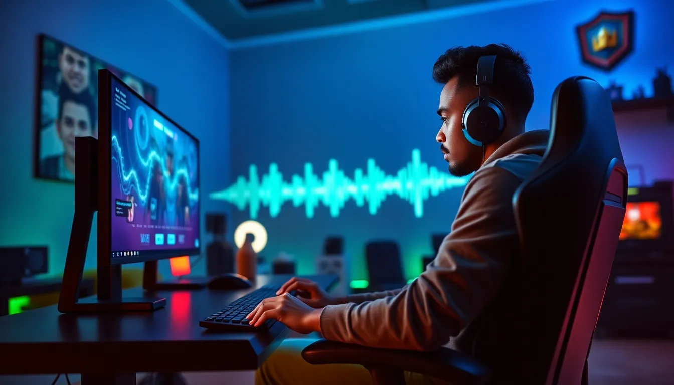 gamer immersed in Clash Royale with sound wave visualizations.