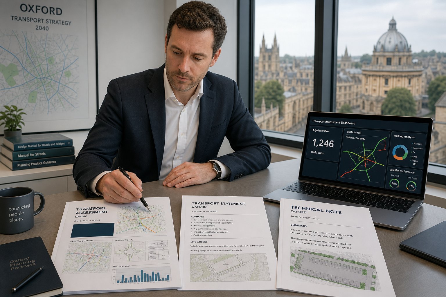 Traffic engineer comparing transport planning reports in a modern Oxford office.
