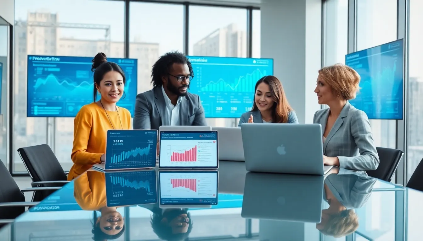 diverse team discussing technology solutions in a modern office.