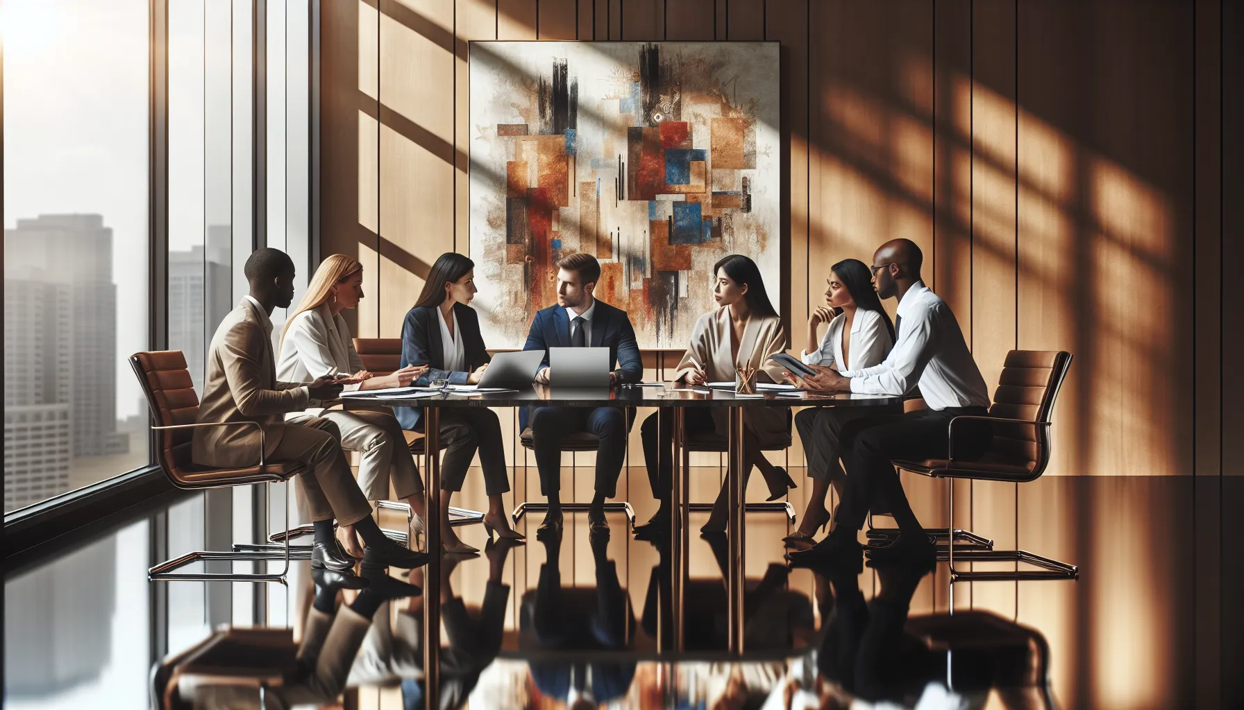 diverse professionals discussing cultural challenges in a modern office.