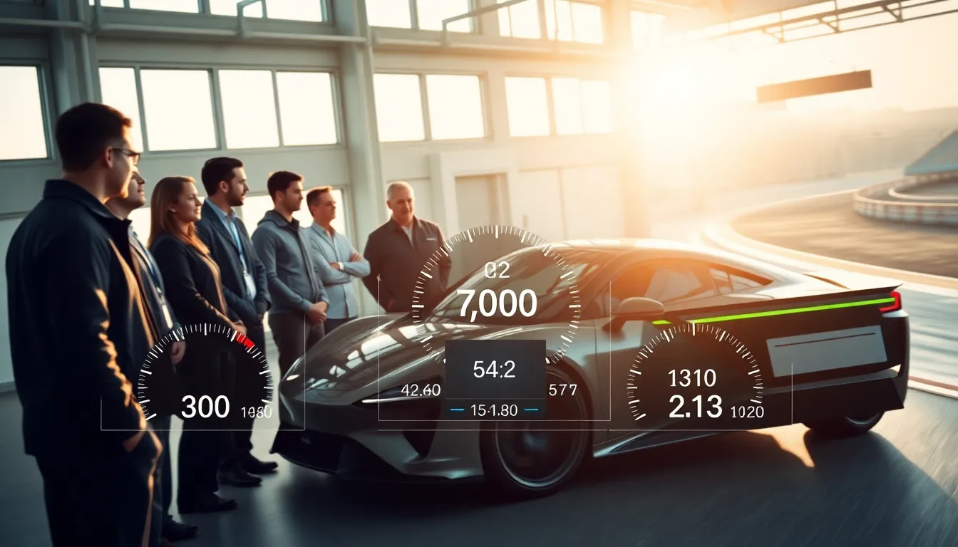 engineers observing a high-performance electric vehicle on a racetrack.