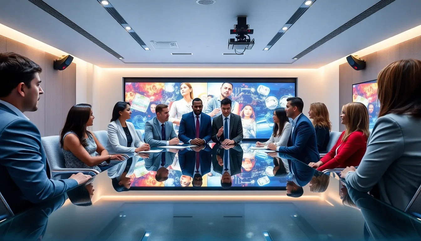 diverse team in a modern conference room with advanced audio-visual technology.