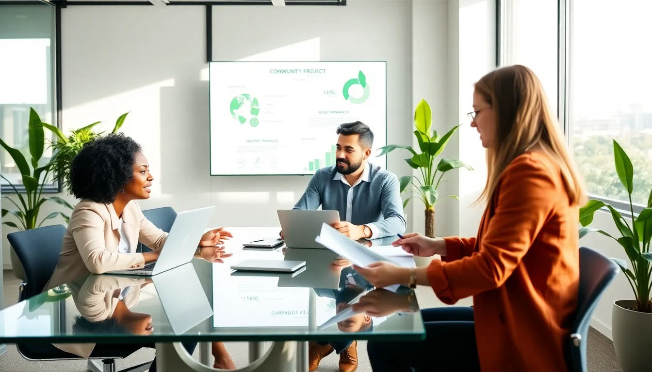 diverse team collaborating on sustainable technology projects in a modern office.