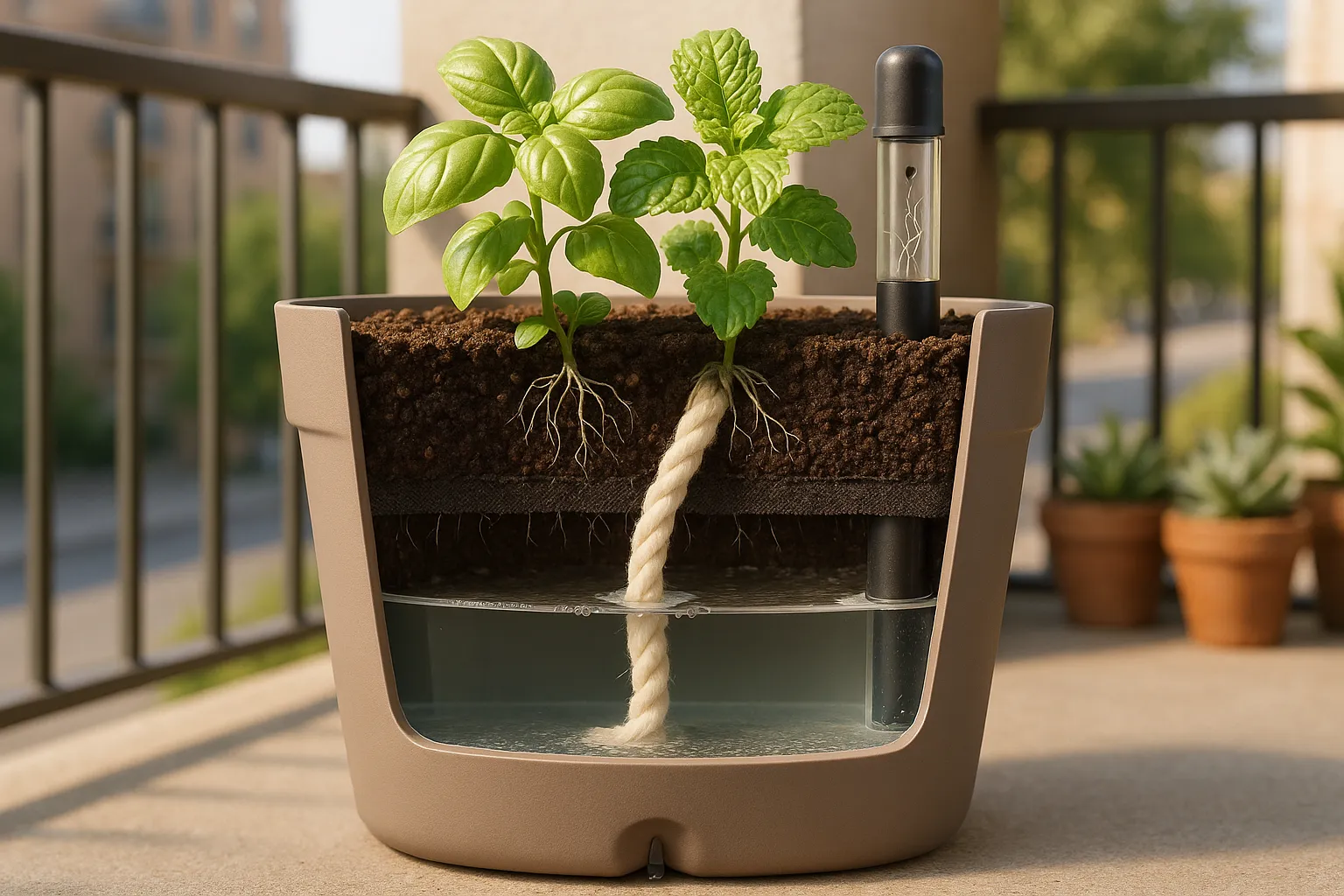 Close-up cutaway of a self-watering pot showing reservoir, wick, and basil roots.