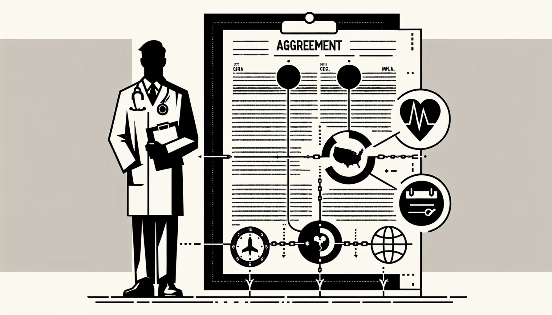Veterinarian holding a contract with map radius, calendar, chain, and client icons.