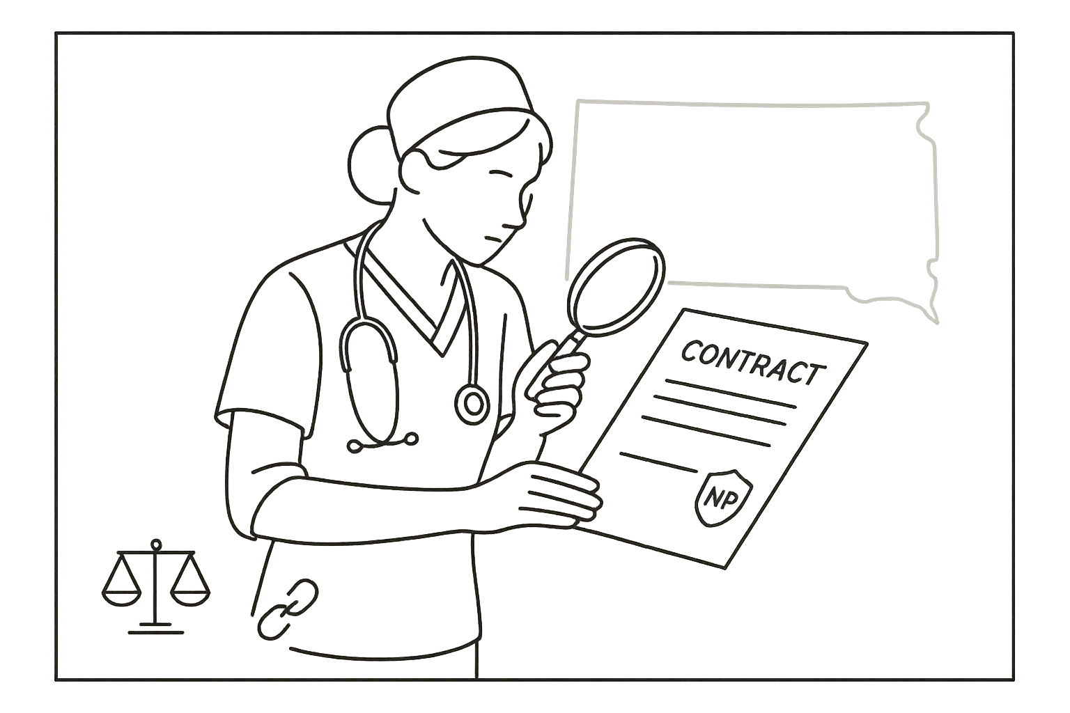 Nurse practitioner examining a contract with a South Dakota outline and legal icons of South Dakota Nurse Practitioner Contract Review.