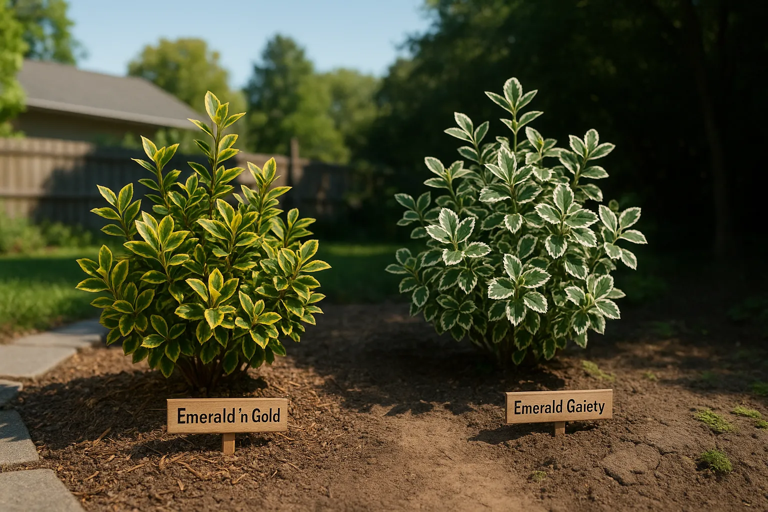 Two labeled Euonymus shrubs side-by-side showing variegation and soil differences.