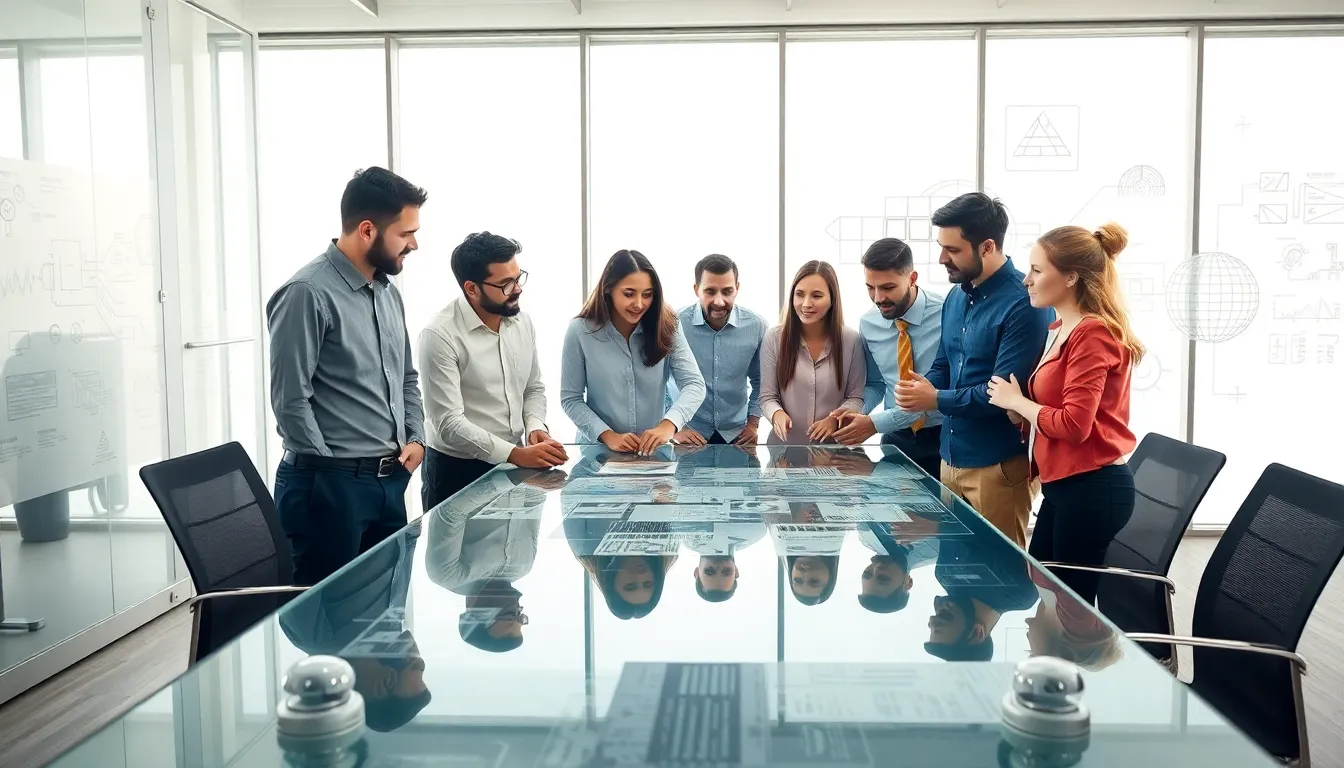 Engineers discussing advanced technology concepts in a modern office.
