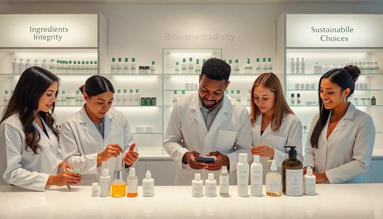 A diverse team discussing clean beauty products in a modern skincare studio.