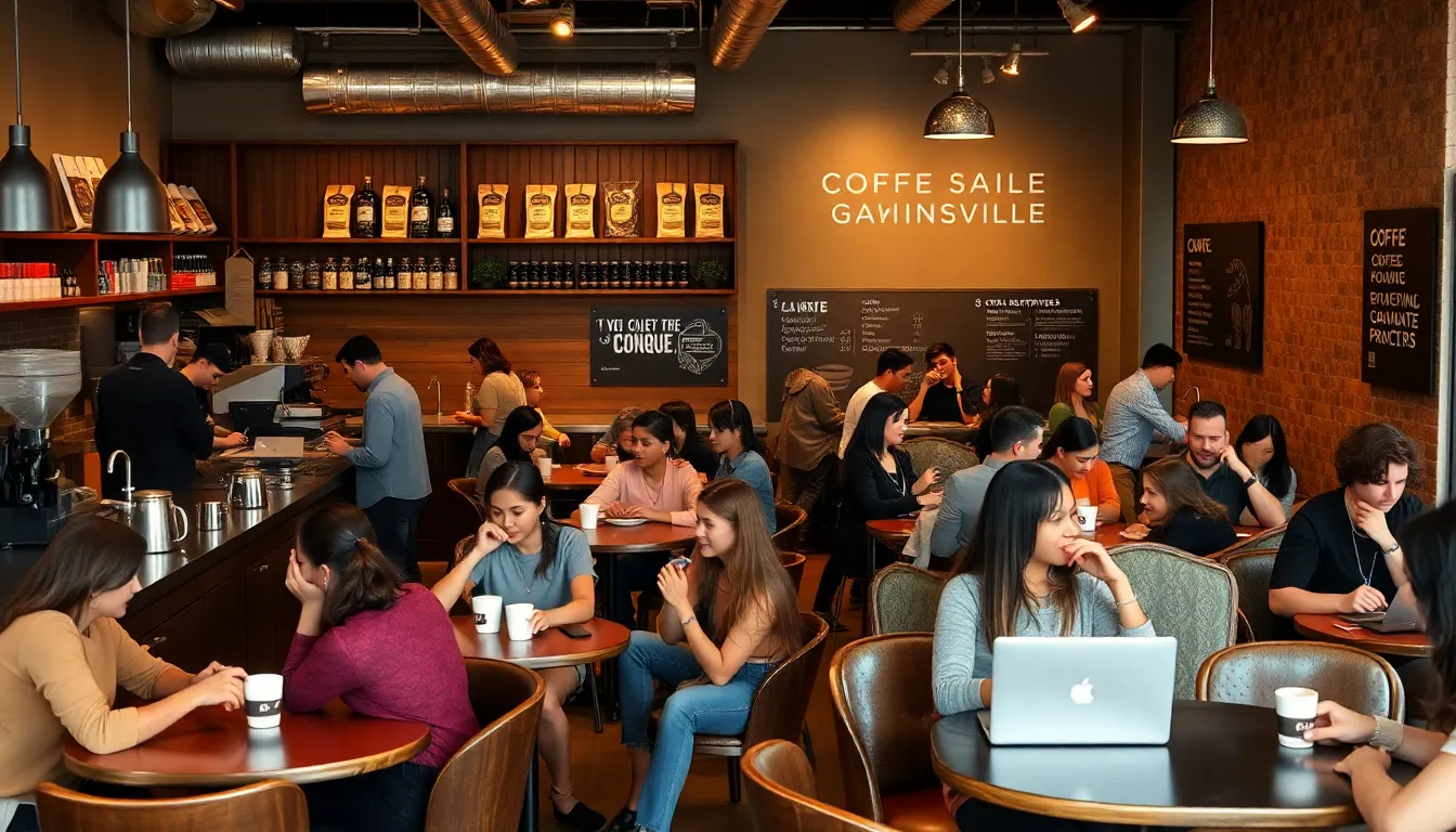 diverse patrons enjoying coffee in a modern Gainesville café.