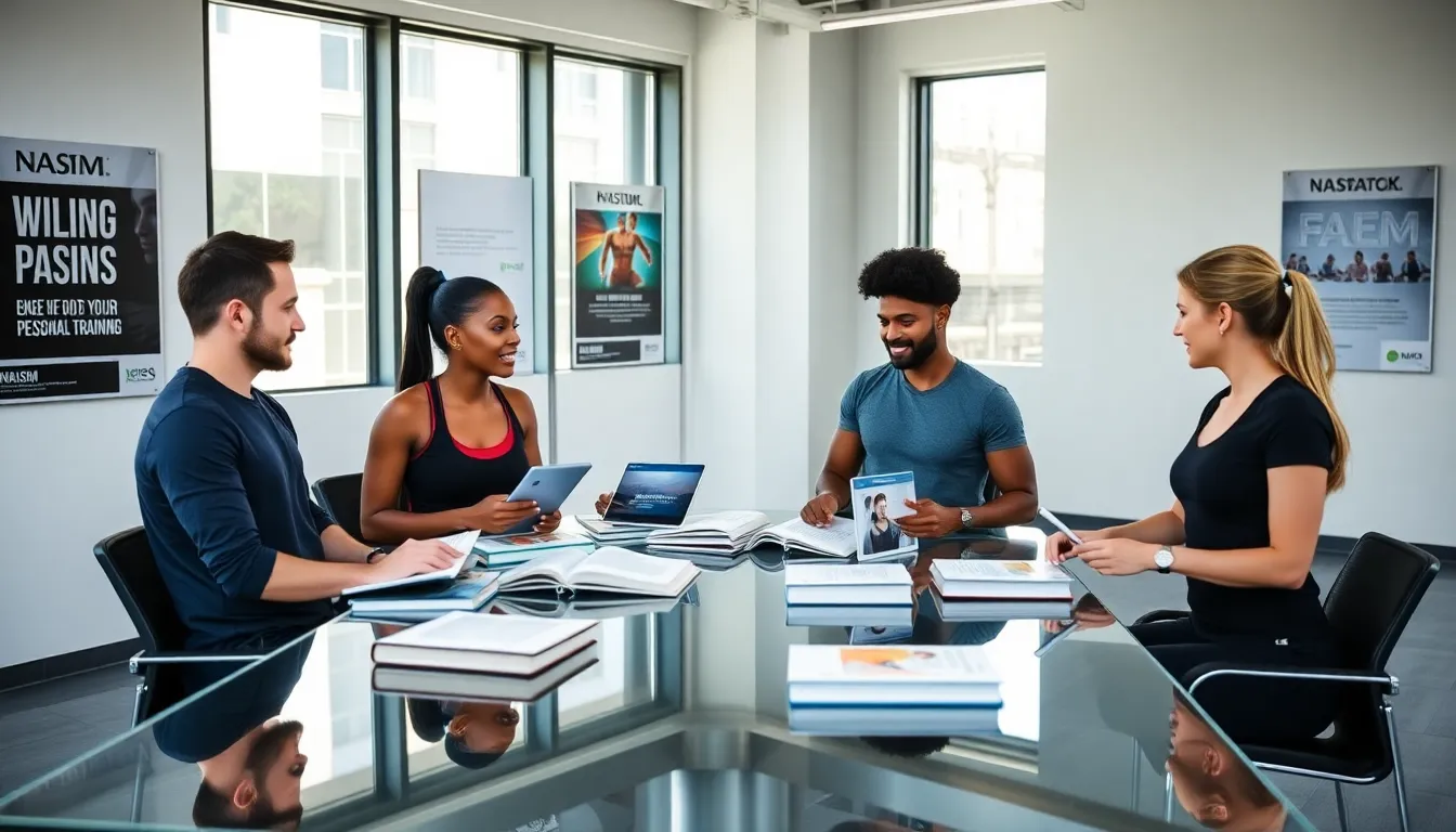 diverse fitness professionals collaborating in a modern training facility.