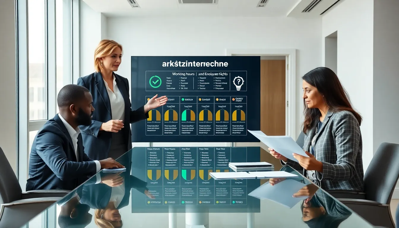 professionals discussing working hours regulations in a modern office.