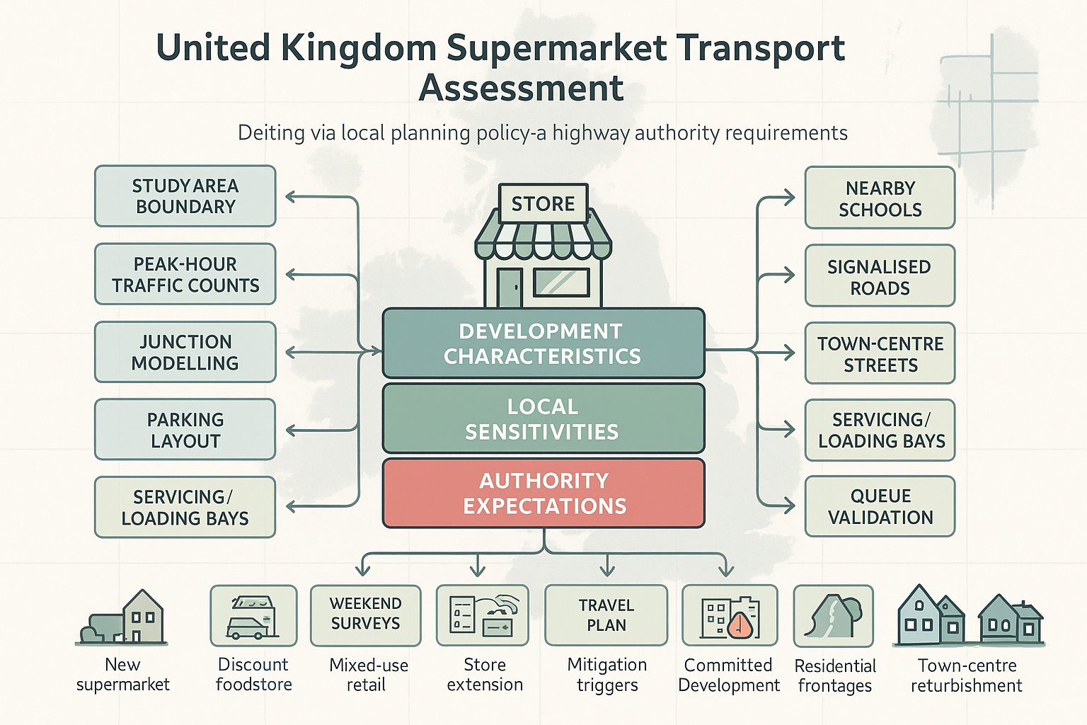 Infographic showing factors shaping supermarket transport assessment scope in the UK.