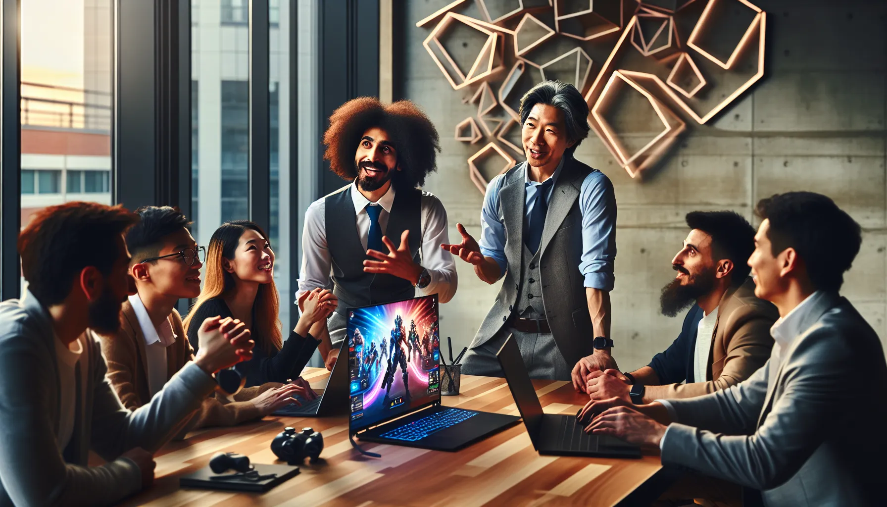 diverse gamers discussing strategies in a modern workspace.