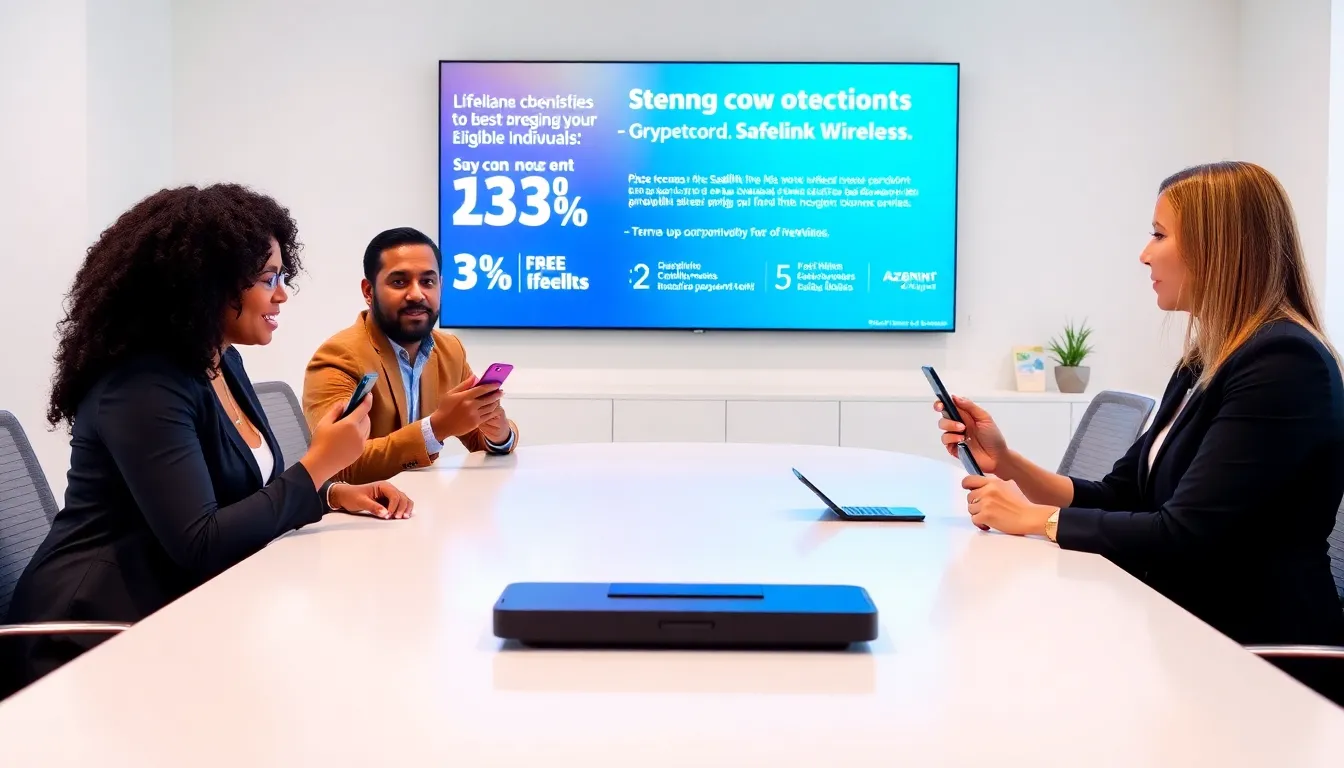 professionals discussing Safelink Wireless services in a modern office.
