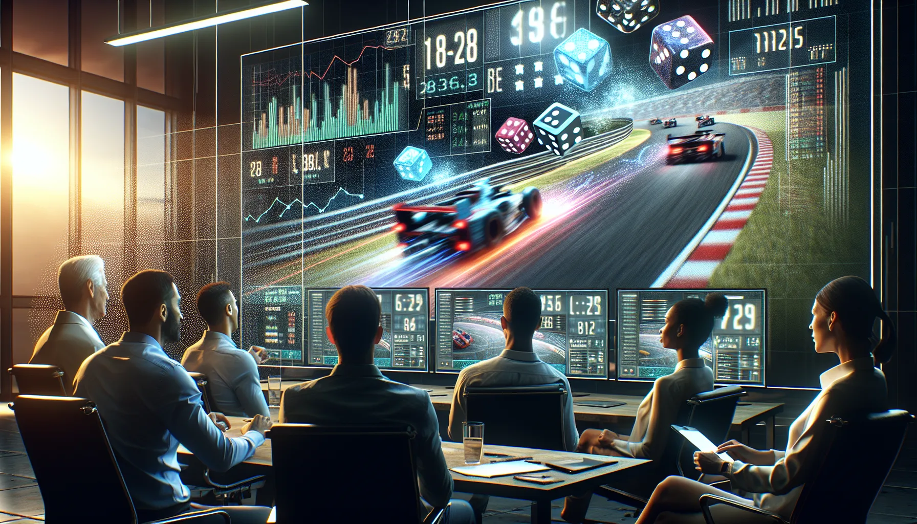 diverse group watching live Zoom sports race on modern screens.