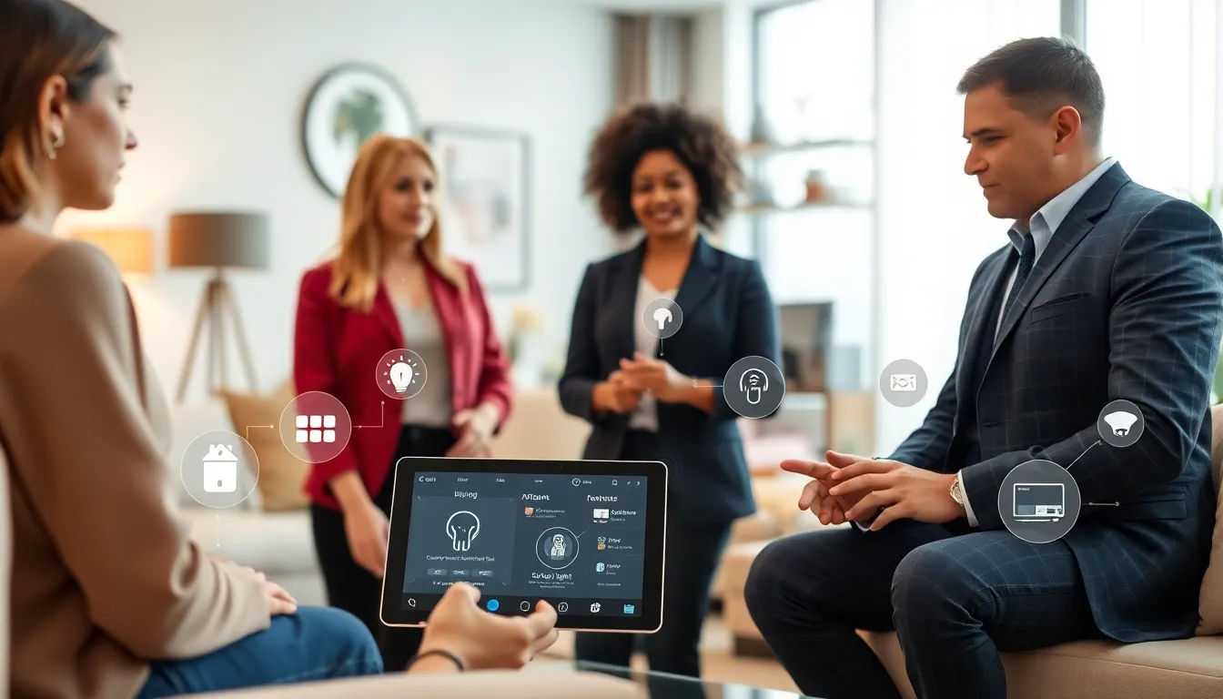 modern living room with smart home devices and diverse professionals discussing automation.