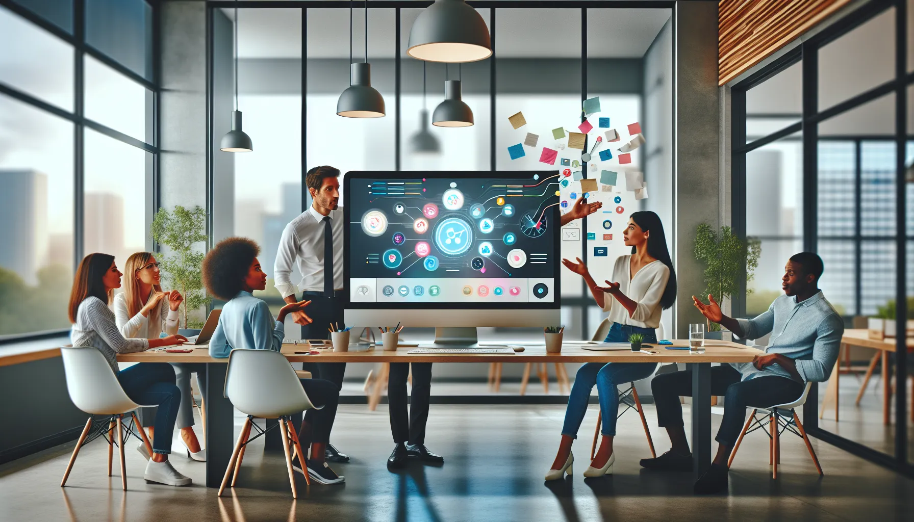 diverse team collaborating around Bledain89 interface in a modern office.