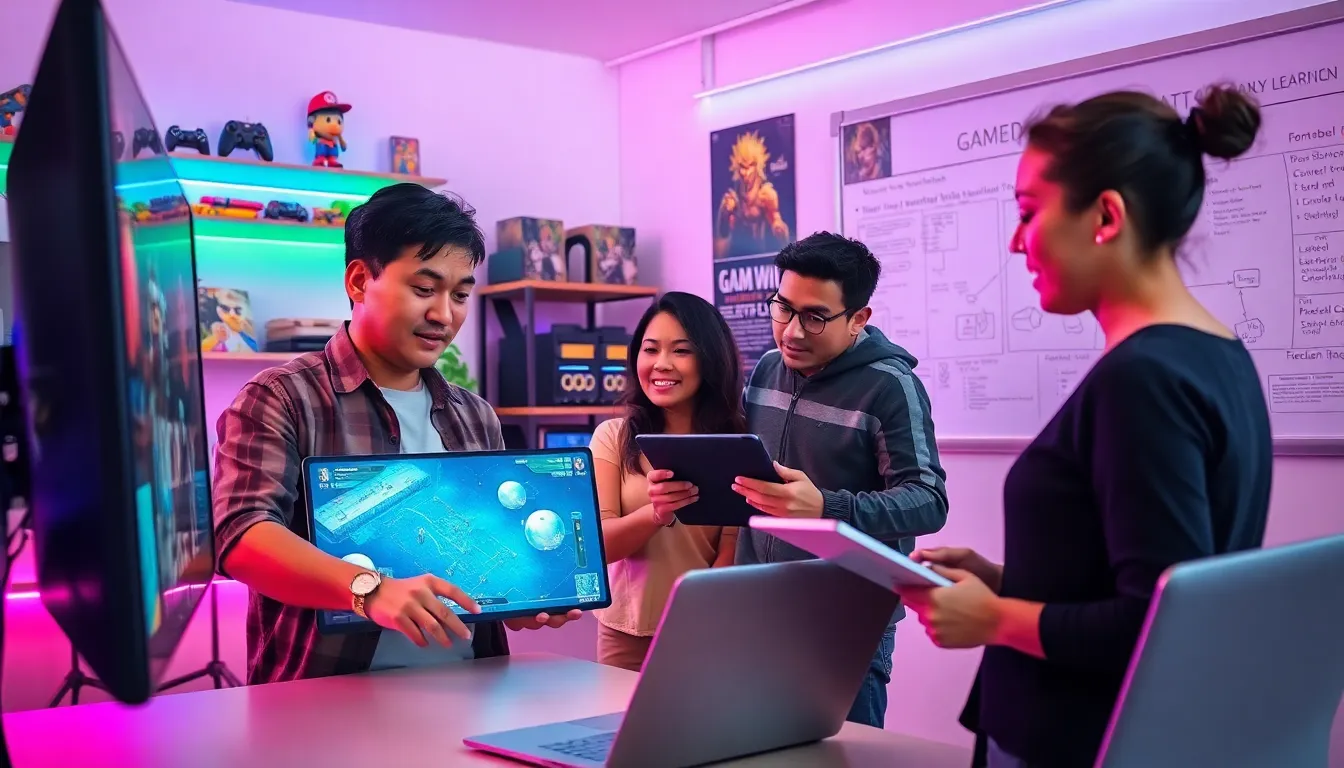 diverse group collaborating in a modern gaming environment.