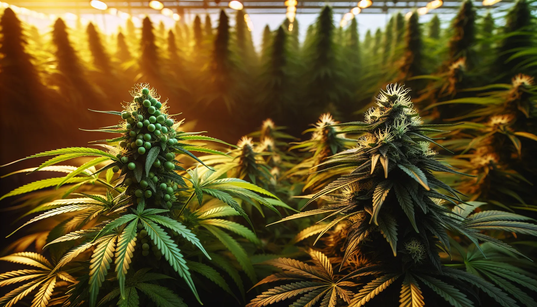 male cannabis plant with pollen sacs next to a female plant with pistils.