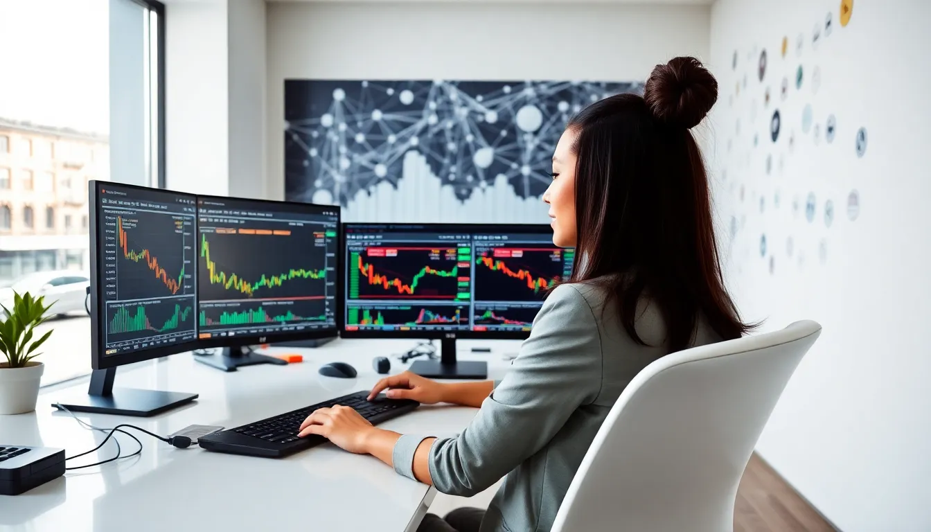 a woman trading cryptocurrencies on multiple screens in a modern office.