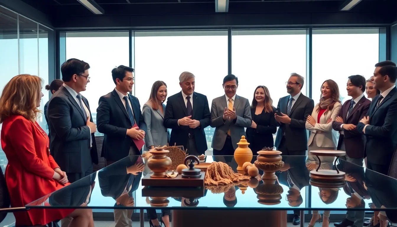 diverse professionals discussing cultural heritage in a modern office.