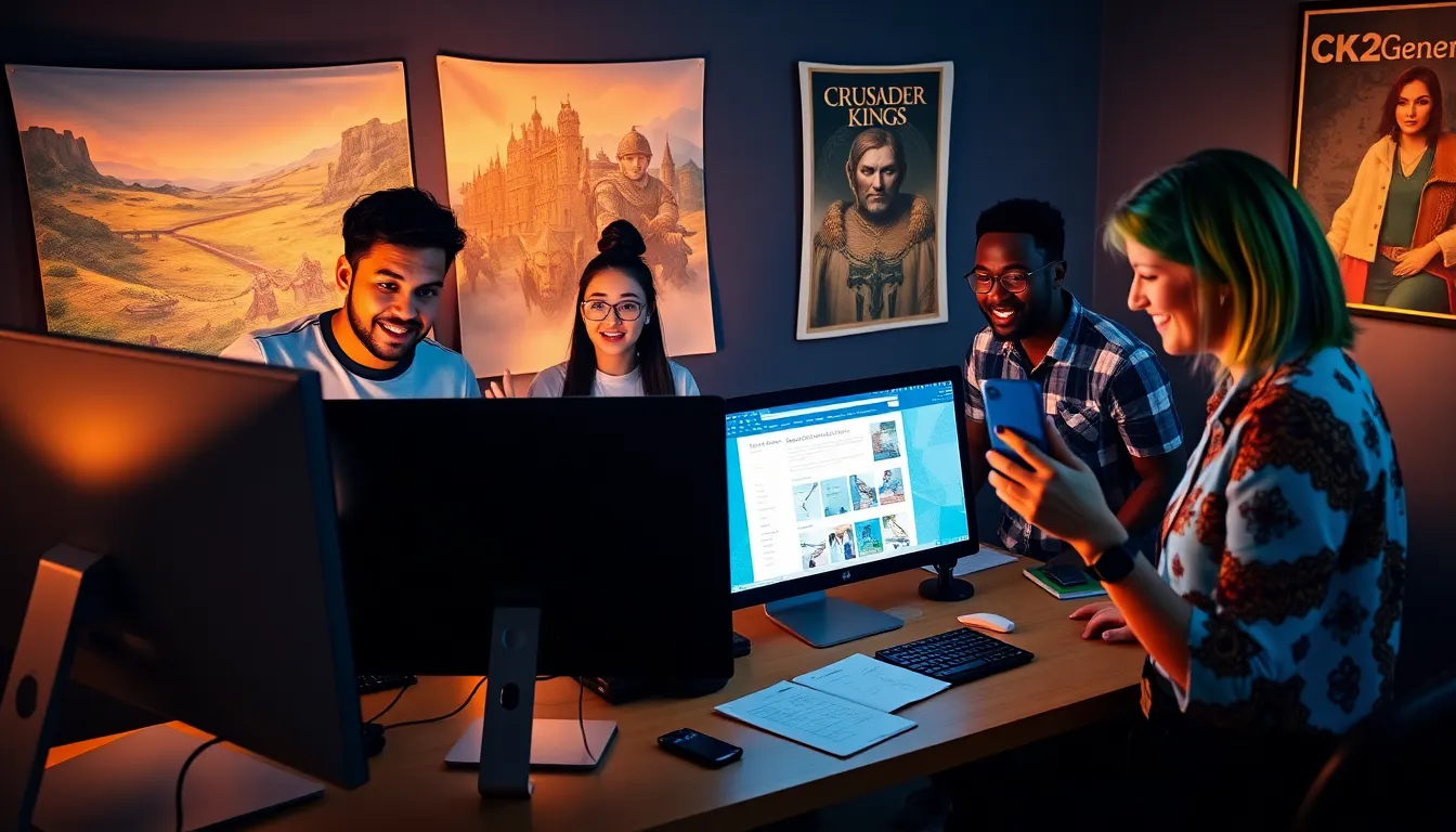 A diverse group of young adults collaborating on CK2Generator in a cozy digital workspace.