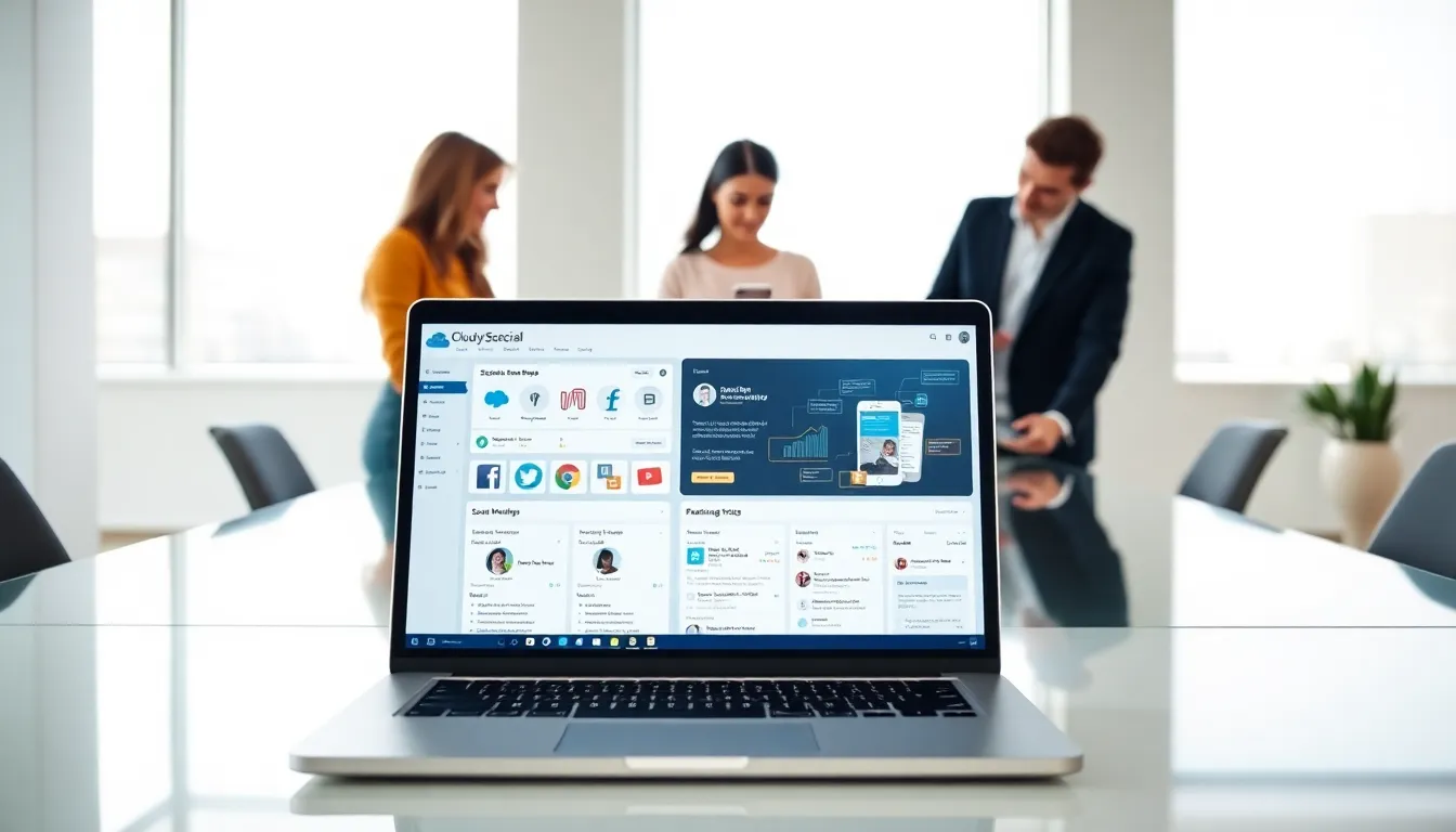 diverse team collaborating on social media management tools in a modern office.